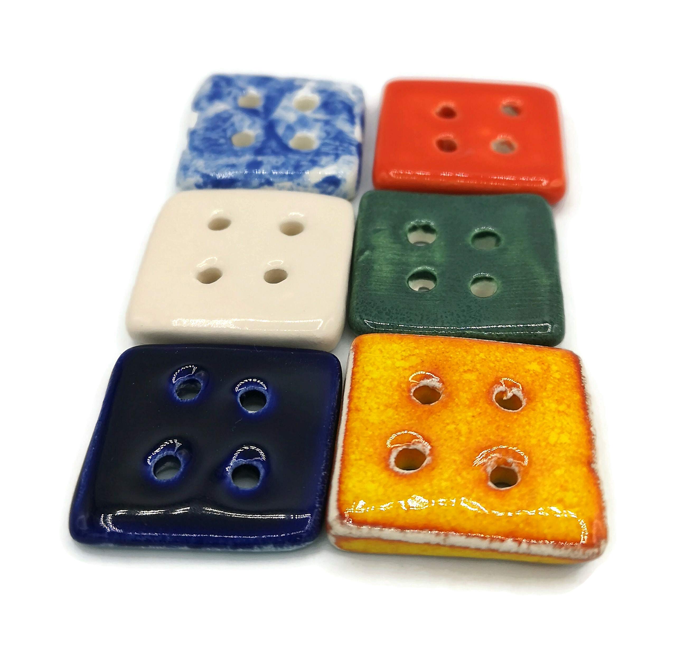 6Pc Extra Large Handmade Ceramic Sewing Buttons For Clothing, Colorful Artisan Decorative Knitting Button For Coat, Lightweight and Smooth (30 mm, Square, 4 Holes, Multicolor)