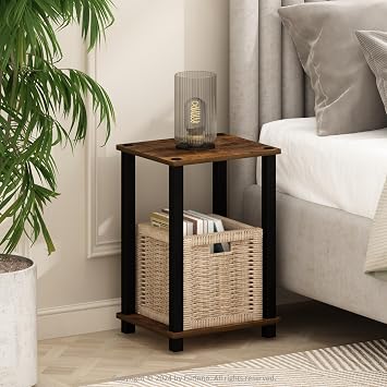 Furinno Simplistic Night Stand, 2-Tier Small Nightstand with Open Shelf, Toolless Assembly Bedside Table, End Table, Side Table, for Bedroom, Closet, Dorm, Amber Pine
