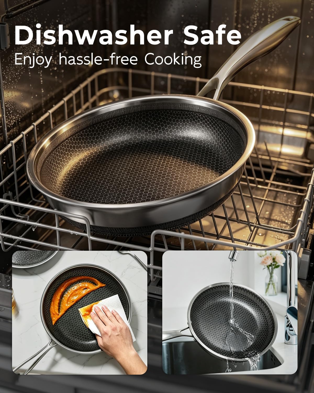 FogDream 12 Inch Nonstick Frying Pan with Lid, Honeycomb Hybrid Stainless Steel Skillet, Tri-Ply Induction Compatible, Non Toxic Frying Pan, Oven Safe, Dishwasher Safe, Silver