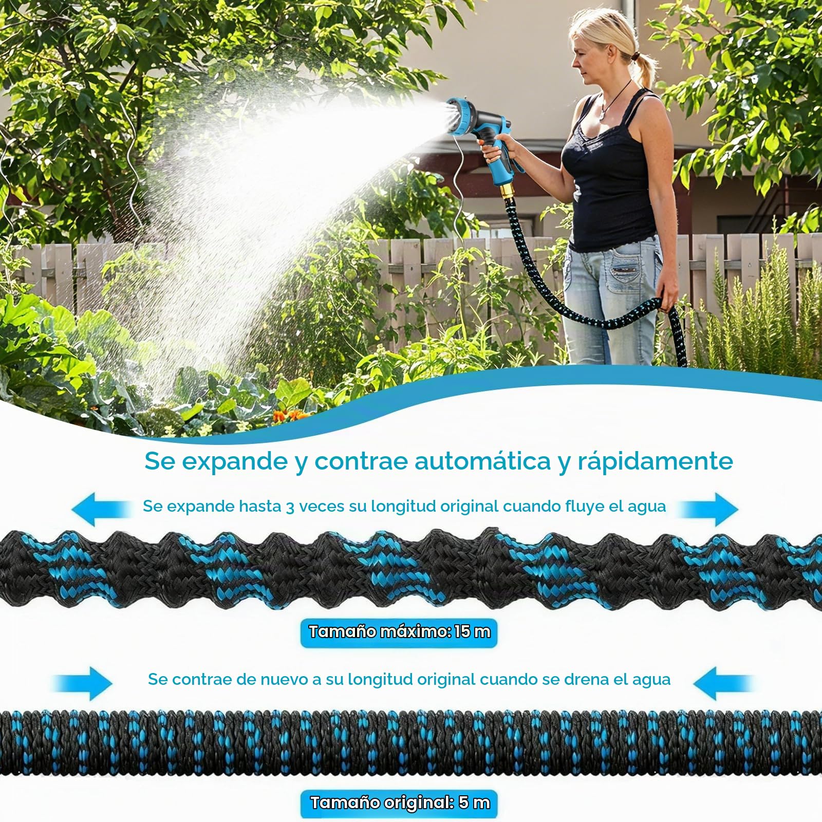 Manguera de jardín expandible,Manguera de jardín flexible expandible de 15 m,con pistola de pulverización de 10 modos,con conectores de 1/2 pulgada y 3/4,de agua para regar el lavado de coches (30M)