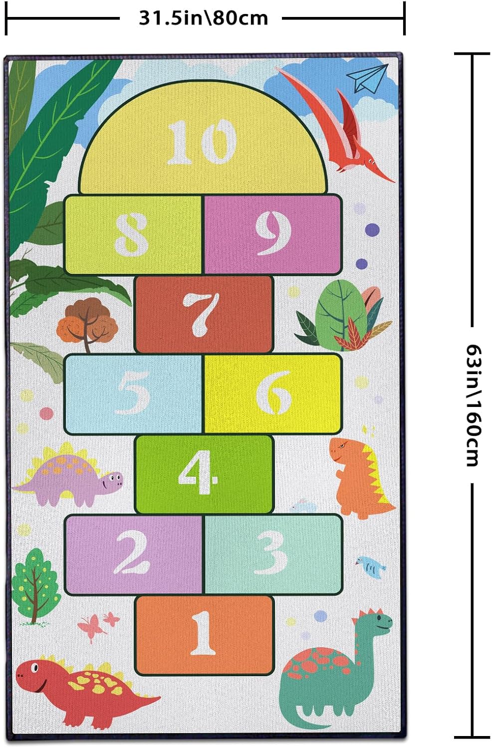 Dinosaur Hopscotch Numbers Play Area Rug for Kids Room Bedroom, Non-Slip Toddler Boys Girls Educational Runner Rug for Playroom, Cute Dino Learning Hop Count Floor Carpet, Large 63"*32"