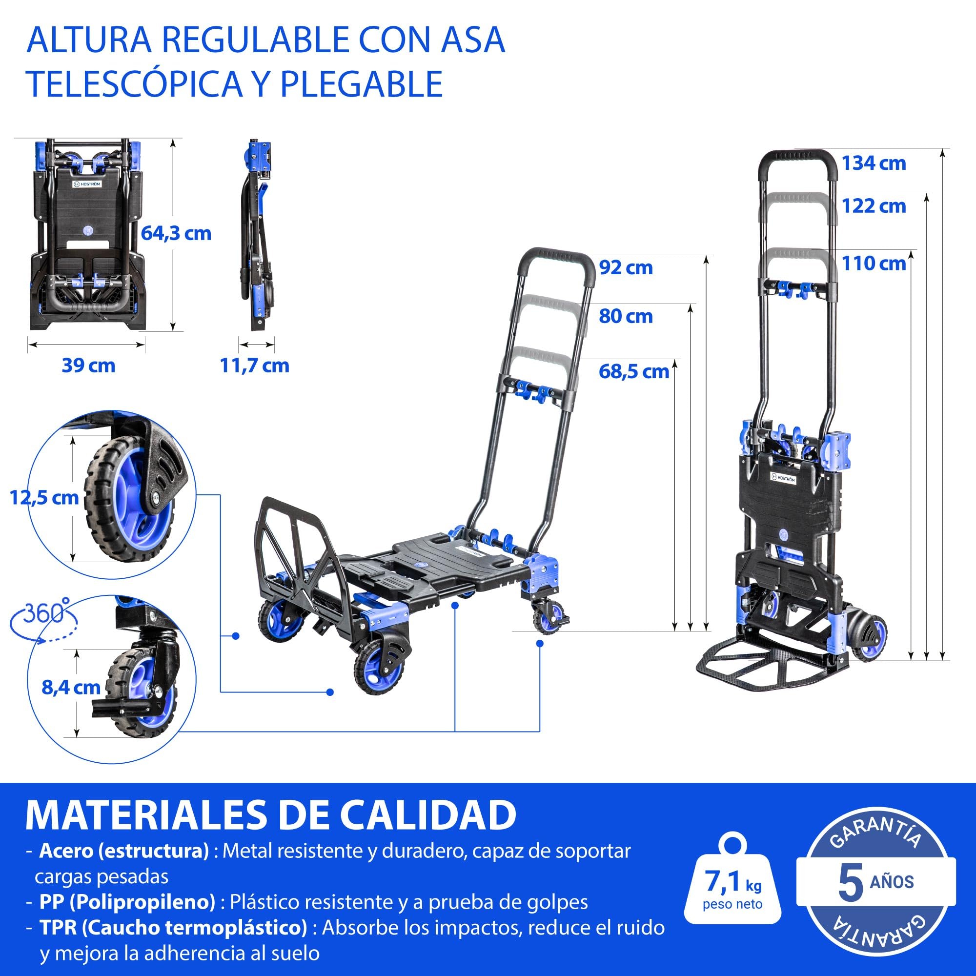 HOSTRÖM 2 en 1, Carro con Ruedas y Carretilla Plegable, Carro Plegable máx. 136 kg, Carretilla de mudanza máx. 68 kg, Ruedas giratorias de 360°, garantía de 5 años.