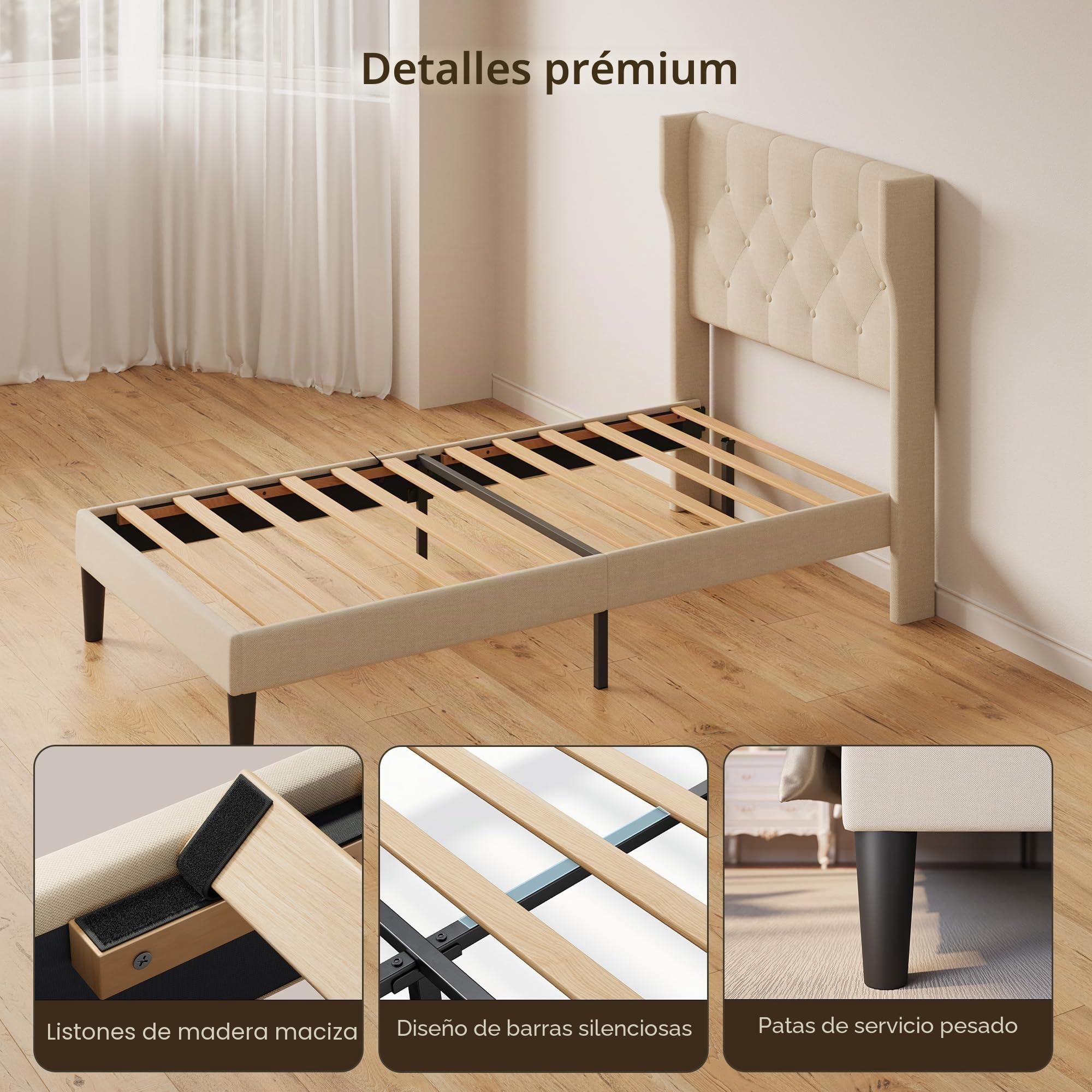 Xbro Cama Tapizada 90x200 cm con Cabecero Acolchado y Somier de Lamas de Madera, Cama Individual Estable con Almacenaje, Montaje Fácil