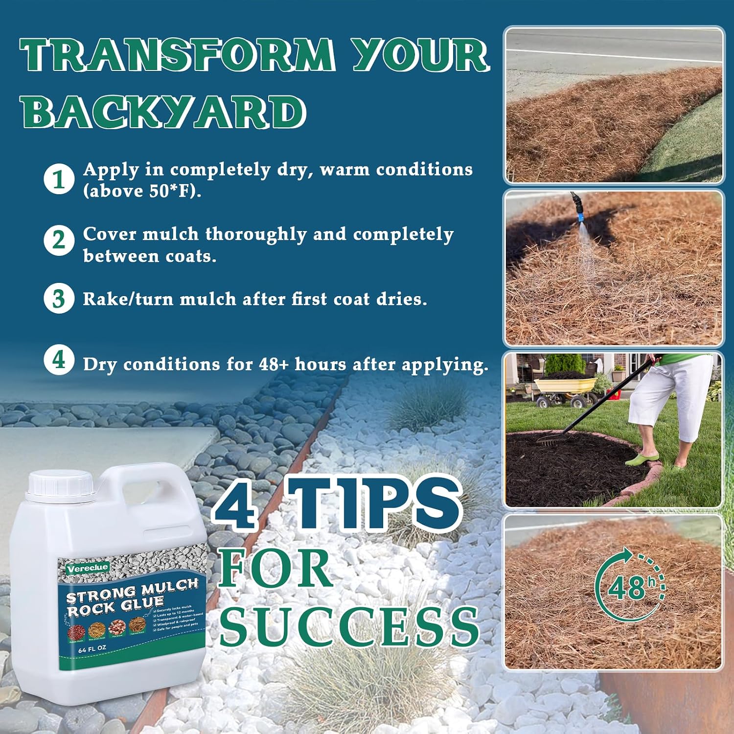 Mulch Gravel Glue for Landscaping - Fast-Drying Rock Pea Glue, Waterproof Gravel Binder, Clear Adhesive for Rocks, Mulch, Pebbles, Rubber Outdoor Landscaping, Non-Toxic and Pet-Friendly (64 fl oz)
