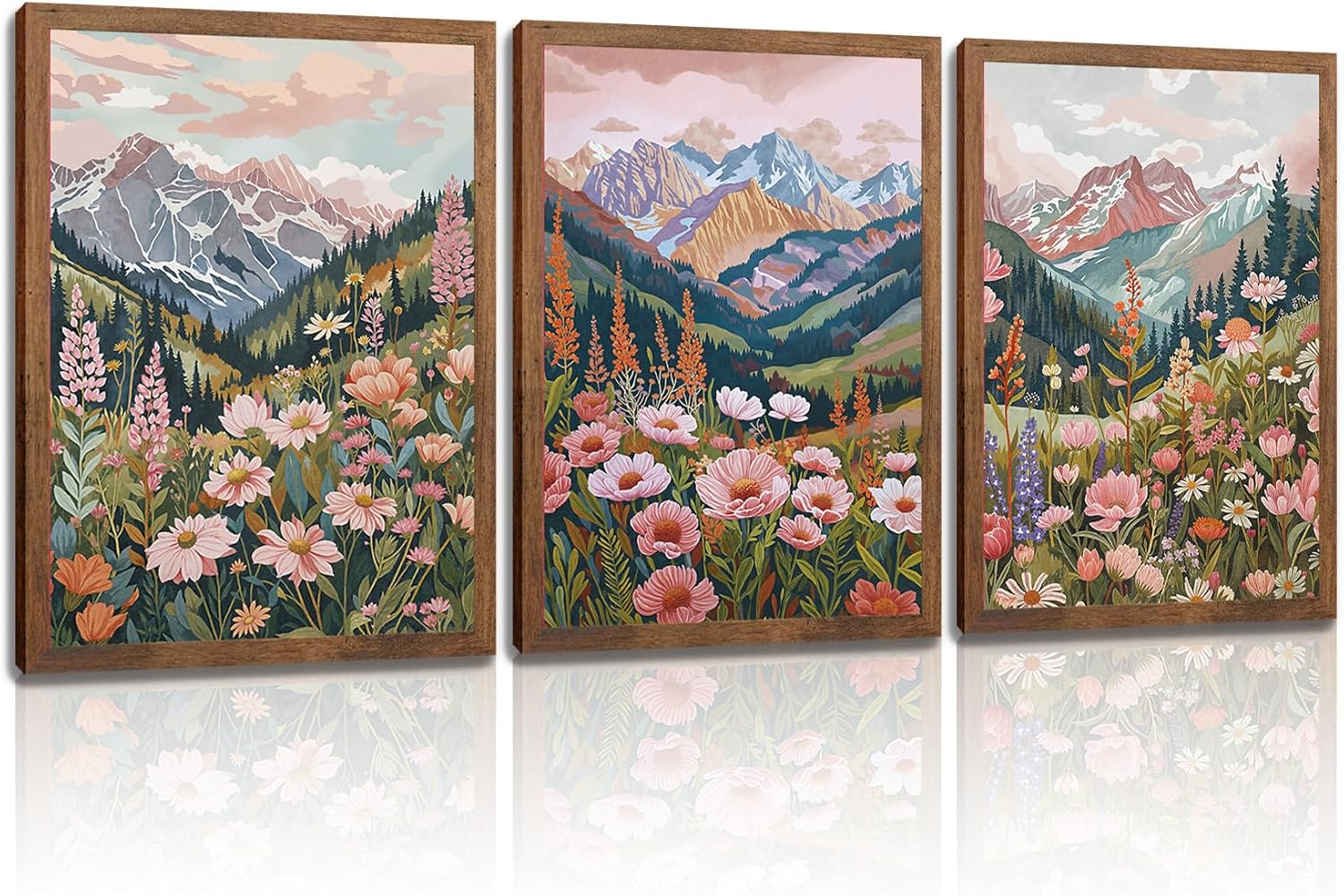 Boho Colorful Mountain Landscape Wall Art Set of 3, Flower Daisy Nature Canvas Prints Wall Decor, Vintage Floral Forest Botanical Painting Posters for Living Room Bedroom Home Decor 12x16in Framed