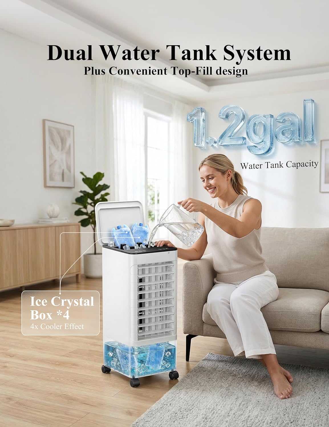 A woman pouring water into the top-fill water tank of the air cooler, with ice boxes visible in the lower tank.