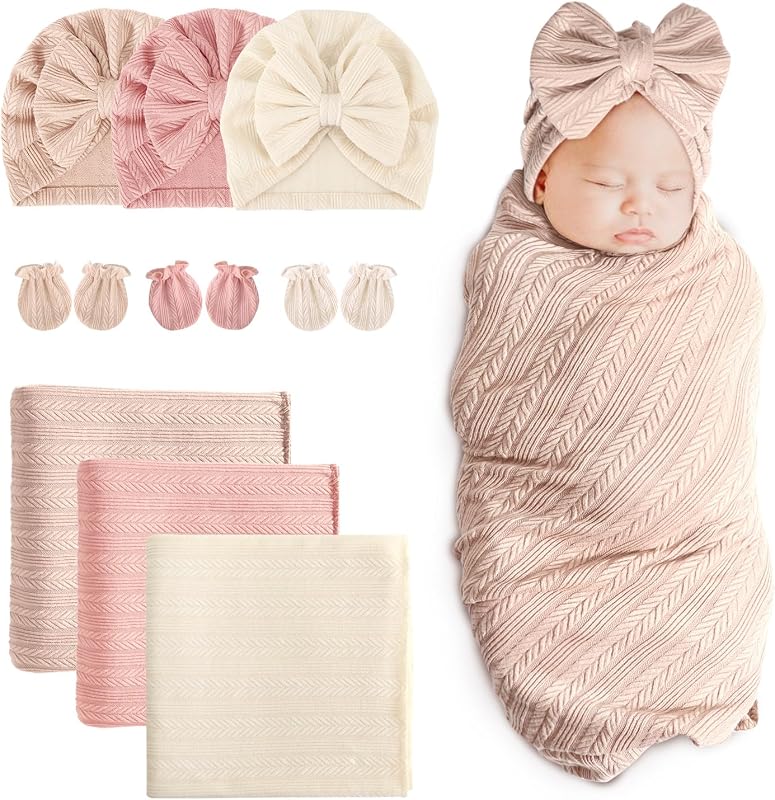 BQUBO Newborn Receiving Blanket Hat Mittens Set for Baby, Unisex Baby Boys Girls Essentials, Newborn Registry Must Haves, Stroller Crib Shower Gifts
