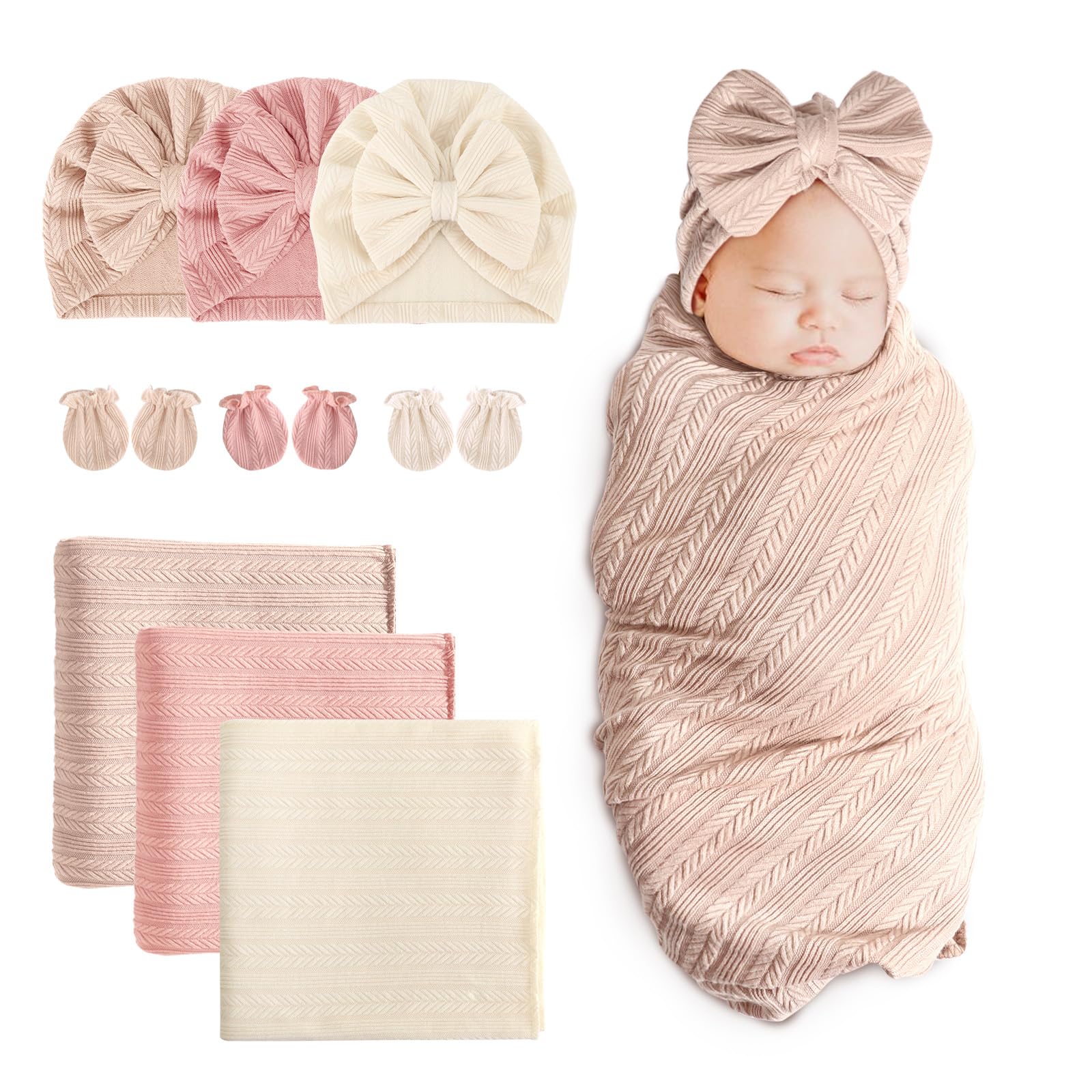 DRESHOW BQUBO Newborn Receiving Blanket Hat Mittens Set for Baby Unisex Baby Boys Girls Essentials Newborn Registry Must