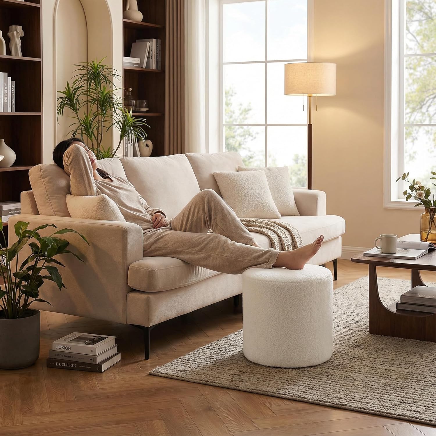 19-Inch Wide Round Pouf Ottoman Footstool, Versatile Upholstered Design for Living Room, Bedroom