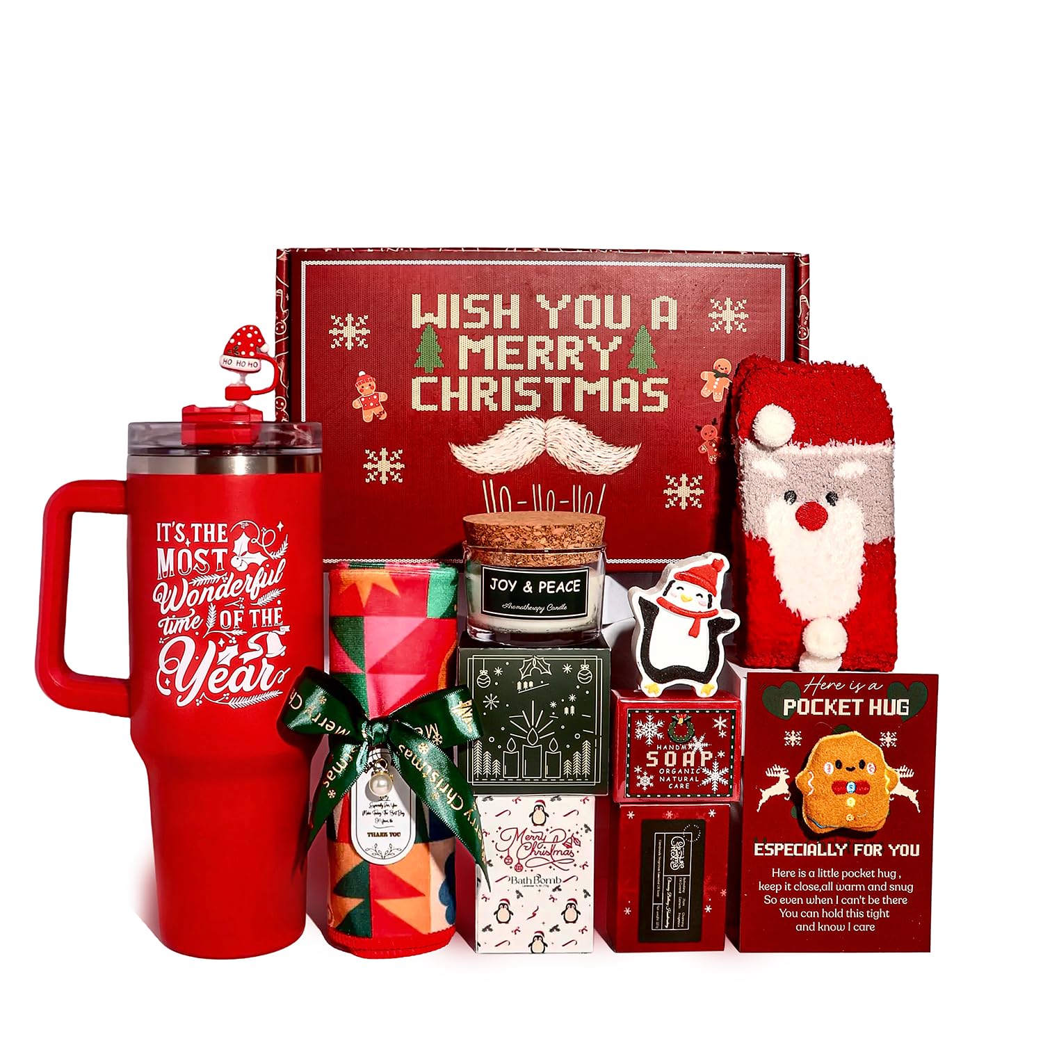 Birthday Gifts for Women - Self Care Gift Baskets Set, Christmas Gift Mom Her Teen Girls Friend Sister Grandma, 40 oz Christmas Tumbler Set with Handle