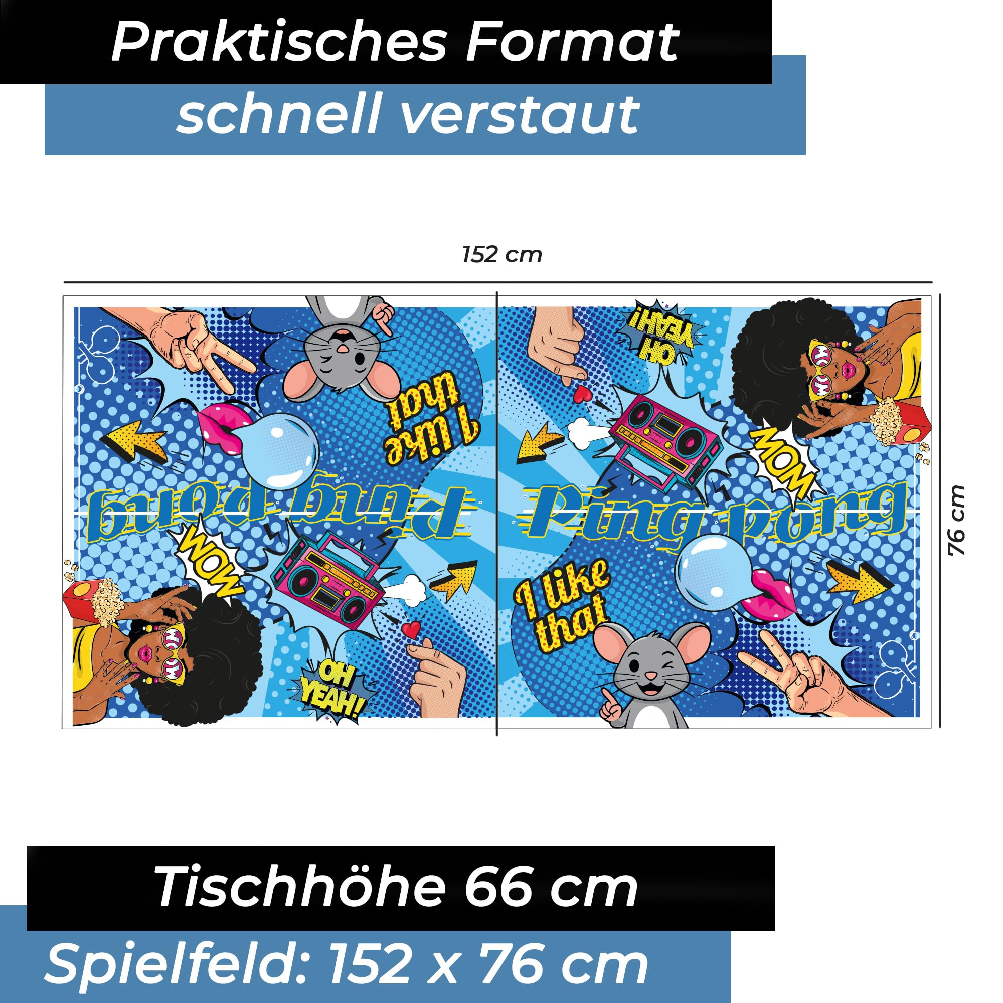 Bandito Mini tavolo da ping pong con 2 racchette e 3 palline in stile fumetto, pieghevole con maniglia per il trasporto, tavolo da ping pong di medie dimensioni, piccolo tavolo da ping pong per