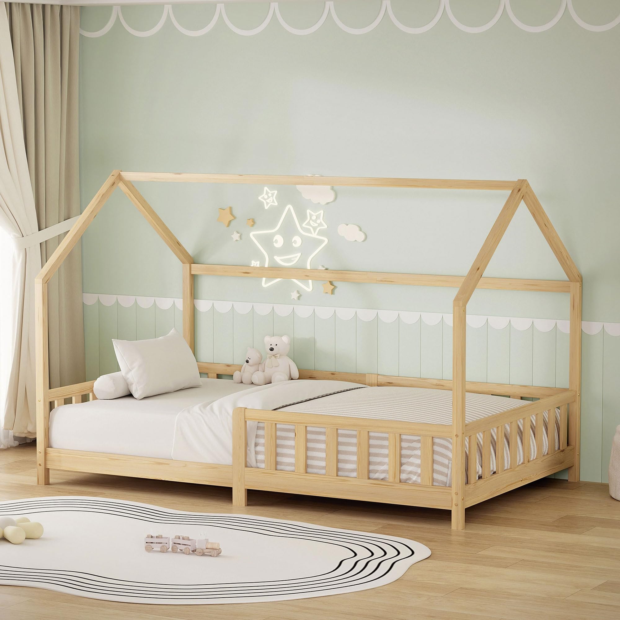 ML-​Design Lit Cabane Enfant 120x200 cm Naturel (Beige) en Bois avec Protection Contre la Chute, Toit et Sommier à Lattes, Style Maison, Couchage Maisonnette Lit Double pour Adolescent Fille Garçon