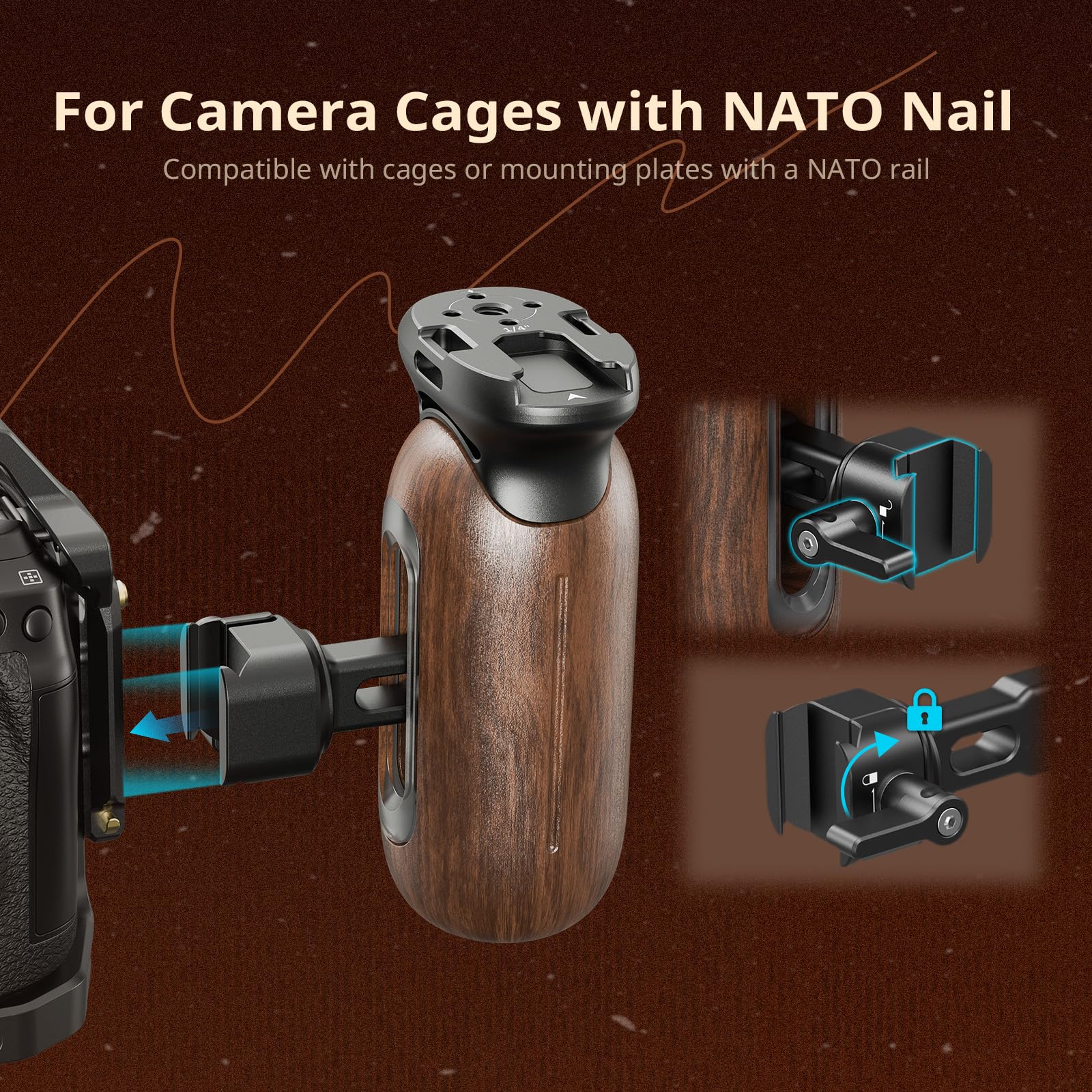 SmallRig Maniglia laterale in legno per gabbie per fotocamera con morsetto NATO, impugnatura ergonomica sinistra o destra, 27 mm / 1,06 pollici, regolazione verticale su / giù, 15 kg / 33,1 lb - 5239