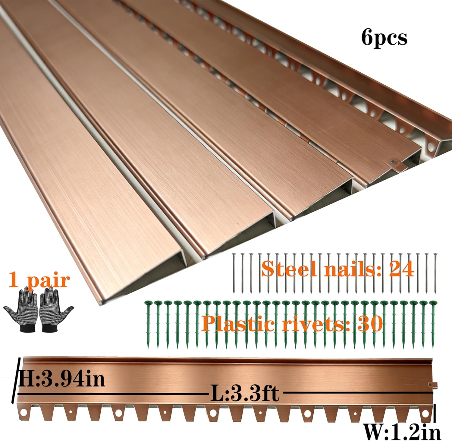 Stainless Steel Garden Edging, Metal Landscape Edging & Retaining Wall Panel, Cuttable & Bendable, Includes 54 Nails, Ideal for Courtyards/Flower Beds/Hard Surfaces (20 Feet/6-Piece/Pale Bronze)