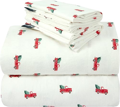 Juego de sábanas de franela estampadas, suaves, cálidas, absorben la humedad, juego de cama (tamaño King, camión de árbol)