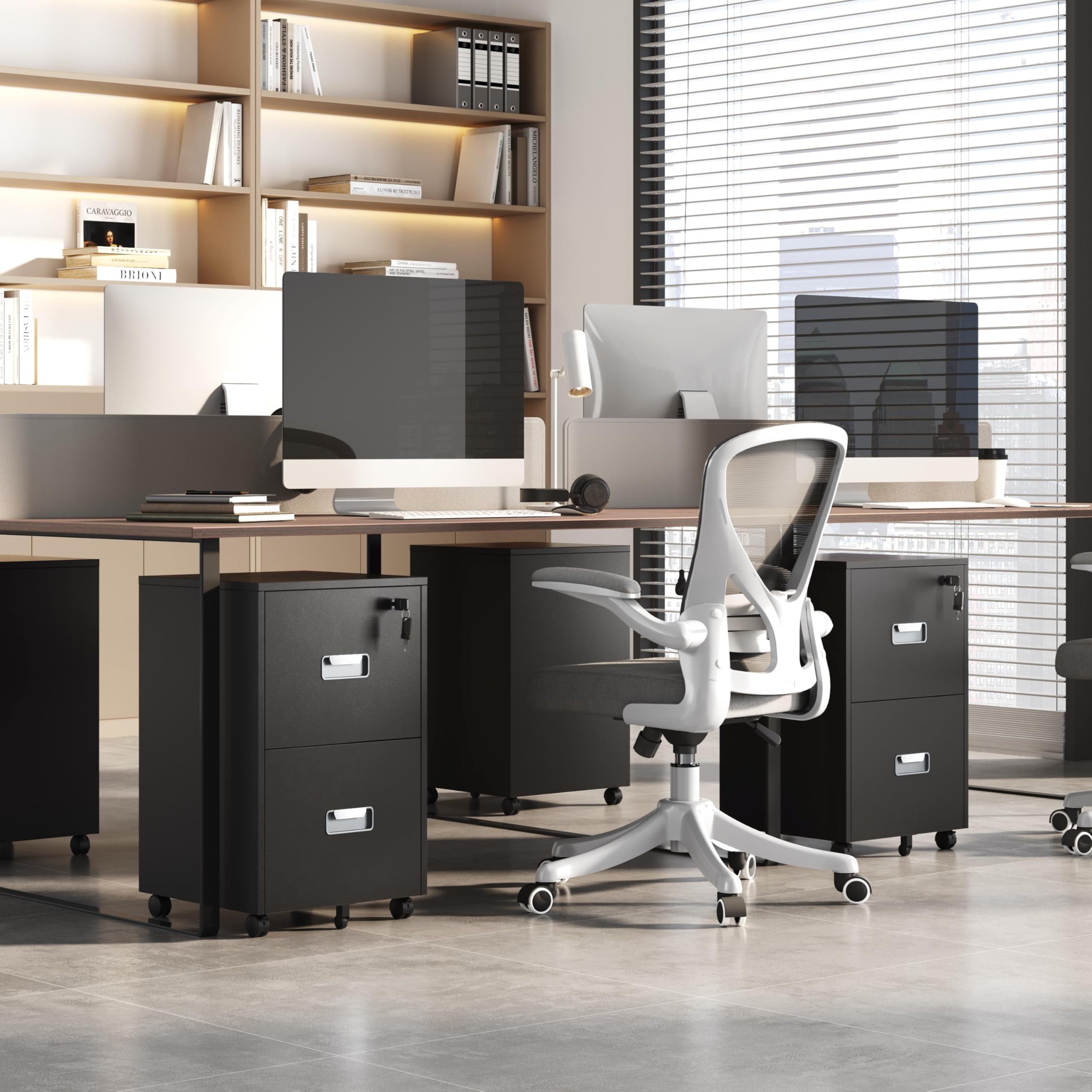 Cassettiera da Ufficio con Cassetti Salvaspazio Mobiletto da Ufficio con Rotelle Portadocumenti per Documenti Formato A4 e Lettera Studio in Legno e Metallo Nero