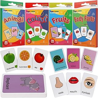 leyun Kids Flash Cards Set Flash Cards for Children Early Learning Flash Cards Flash Cards for Toddlers Age 2-4 Baby Cards for Toddlers 1 2 3 4 years 4 Pack-144pcs Animals Fruits Body Parts & Colors