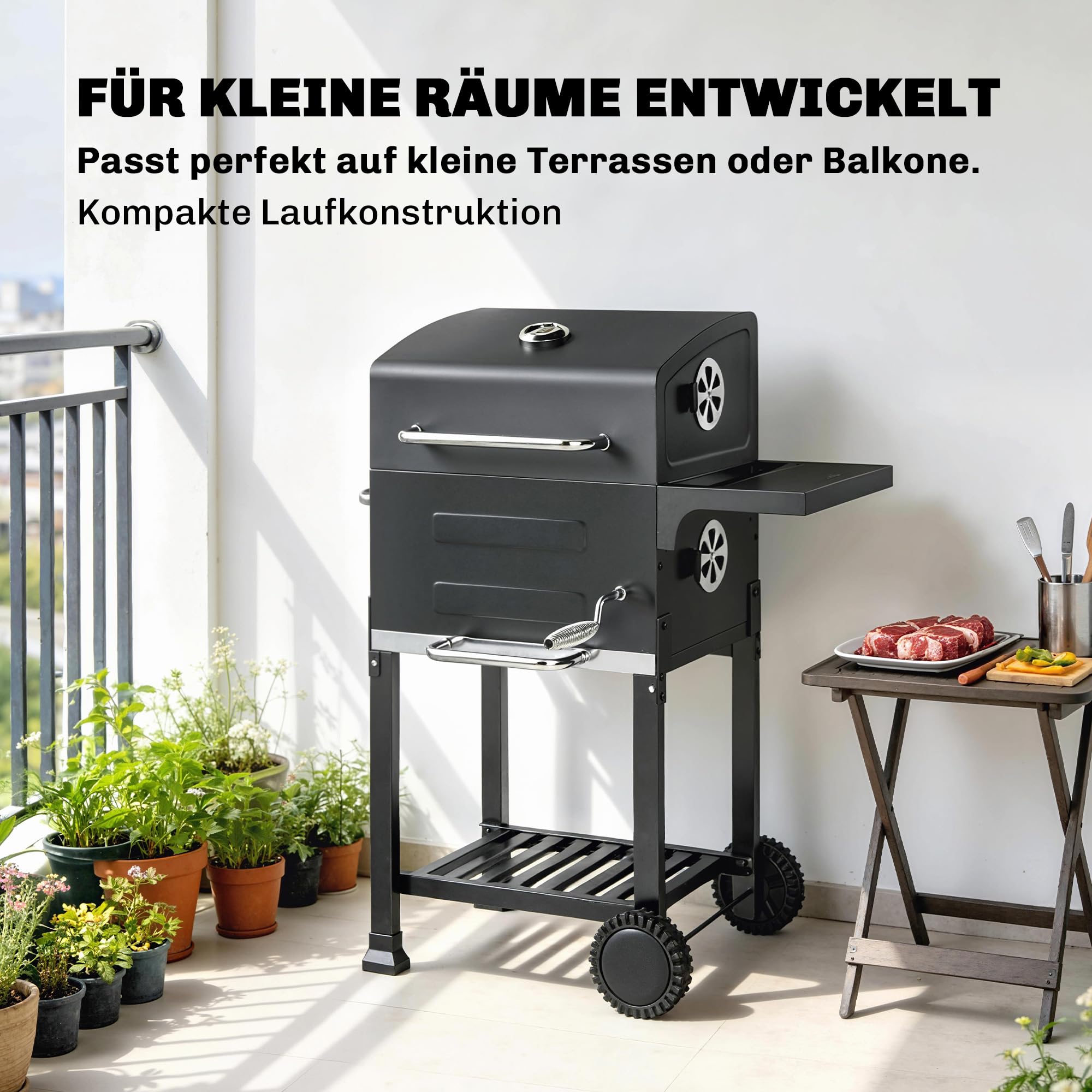 Outsunny Kompaktowy grill na węgiel drzewny z pokrywką, termometr, ruszt do grillowania, stolik boczny, komora na popiół, otwory wentylacyjne, BBQ Smoker z kółkami, grill stojący na kempingu, do
