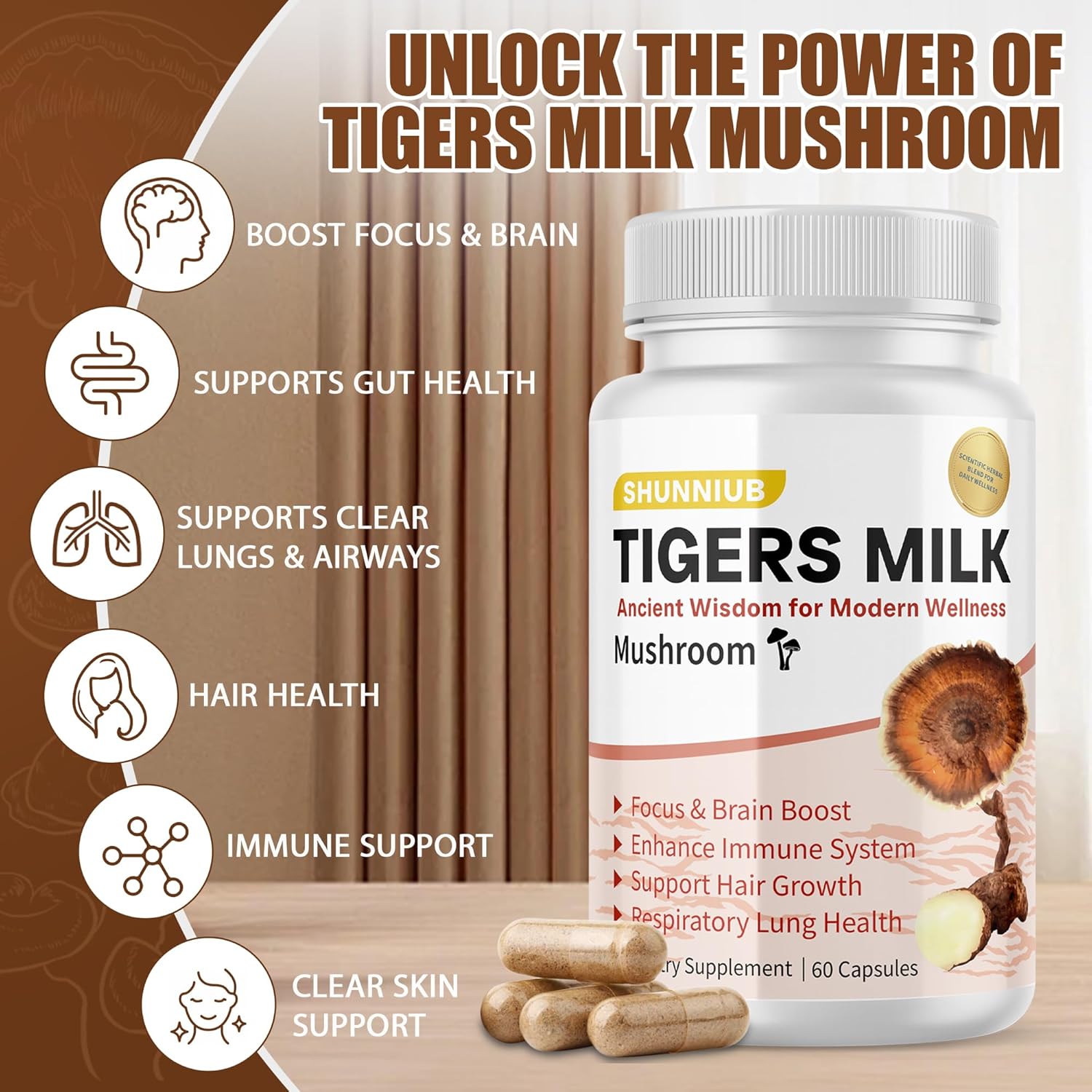 Tiger Milk Mushroom Supplement, Formulated for Lung & Respiratory Health Support, Focus & Brain Support, Digestive Health Boost & Immune Support, Hair Growth & Skin Health, 60 Capsules