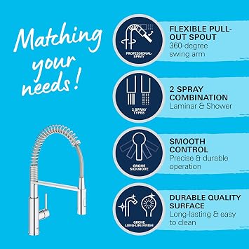 GROHE Get - Kitchen Sink Tap Single-Lever Mixer with Professional Spray (1-Hole Installation, 28 mm Ceramic Cartridge, Swivel Spout 360°, Inlet Tails 3/8 Inch), Size 455 mm, Chrome, 30361000