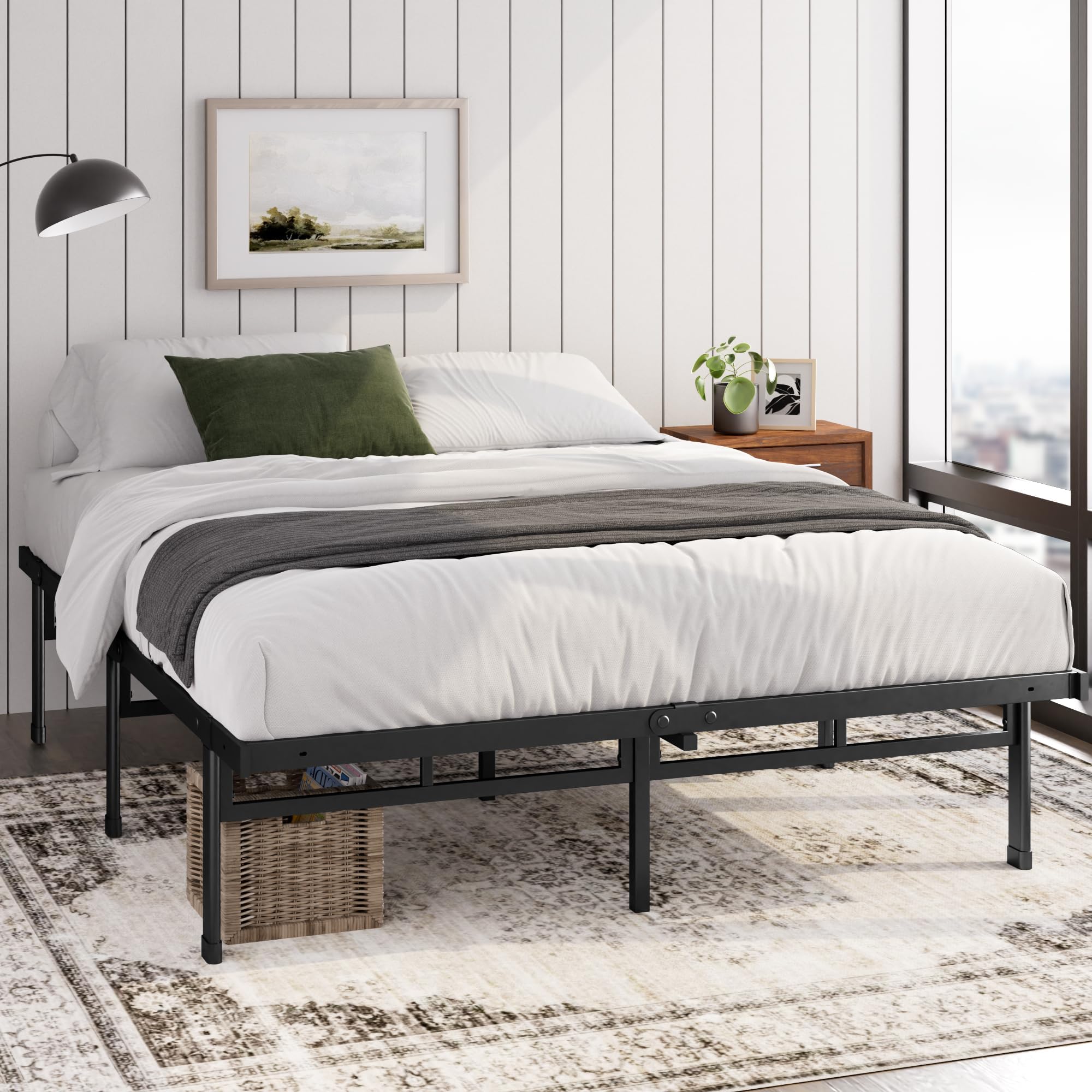 Justin Double Bed Frame - 4ft6 (135 x 190 cm) - 14.2'' Height - Metal Bed Base with Steel Slat Support - Storage Space Underneath - Easy Assembly - Black