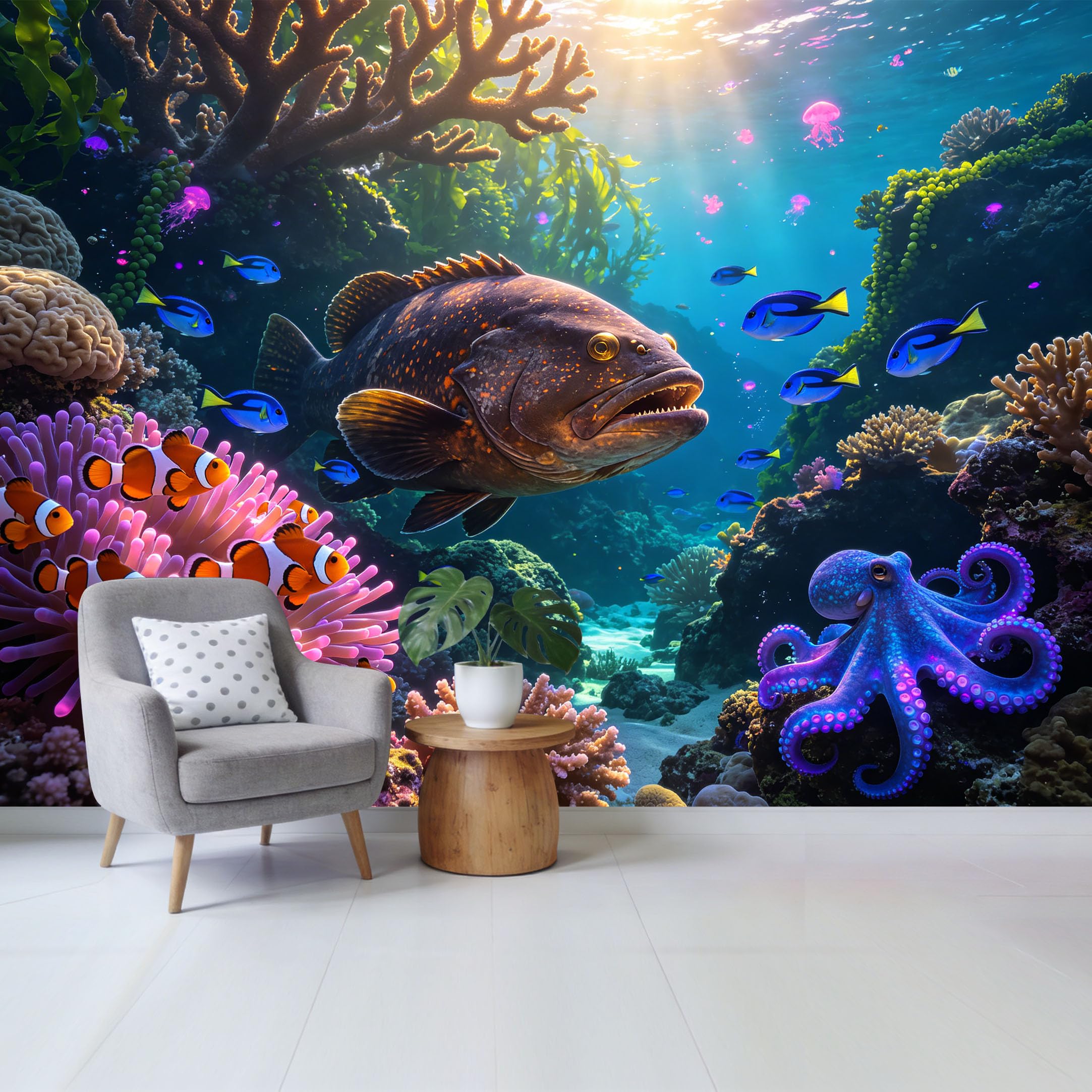 Custom Size Wall Mural Tropical Ocean Marine Life Vibrant Coral Reef Octopus Clownfish Removable Self Adhesive Fabric Home Wall Decor for Living Room Bedroom Bathroom