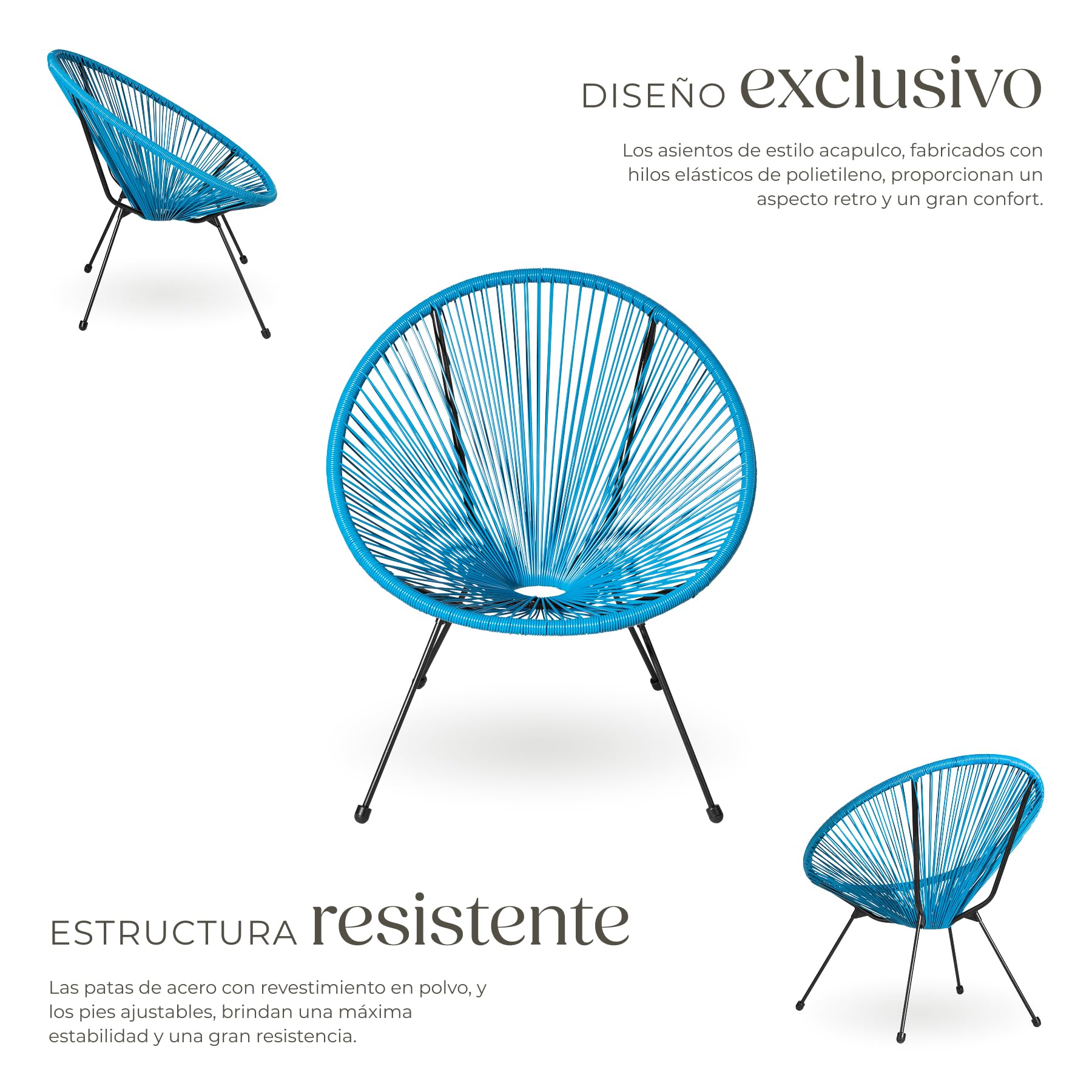 tectake® Conjunto Muebles Jardín Exterior de Acero, Estilo Acapulco, 2 Sillas y 1 Mesa con Cristal, Mesa y Sillas de Terraza Resistentes a Intemperie,Topes en Patas, para Interior y Exterior - azul