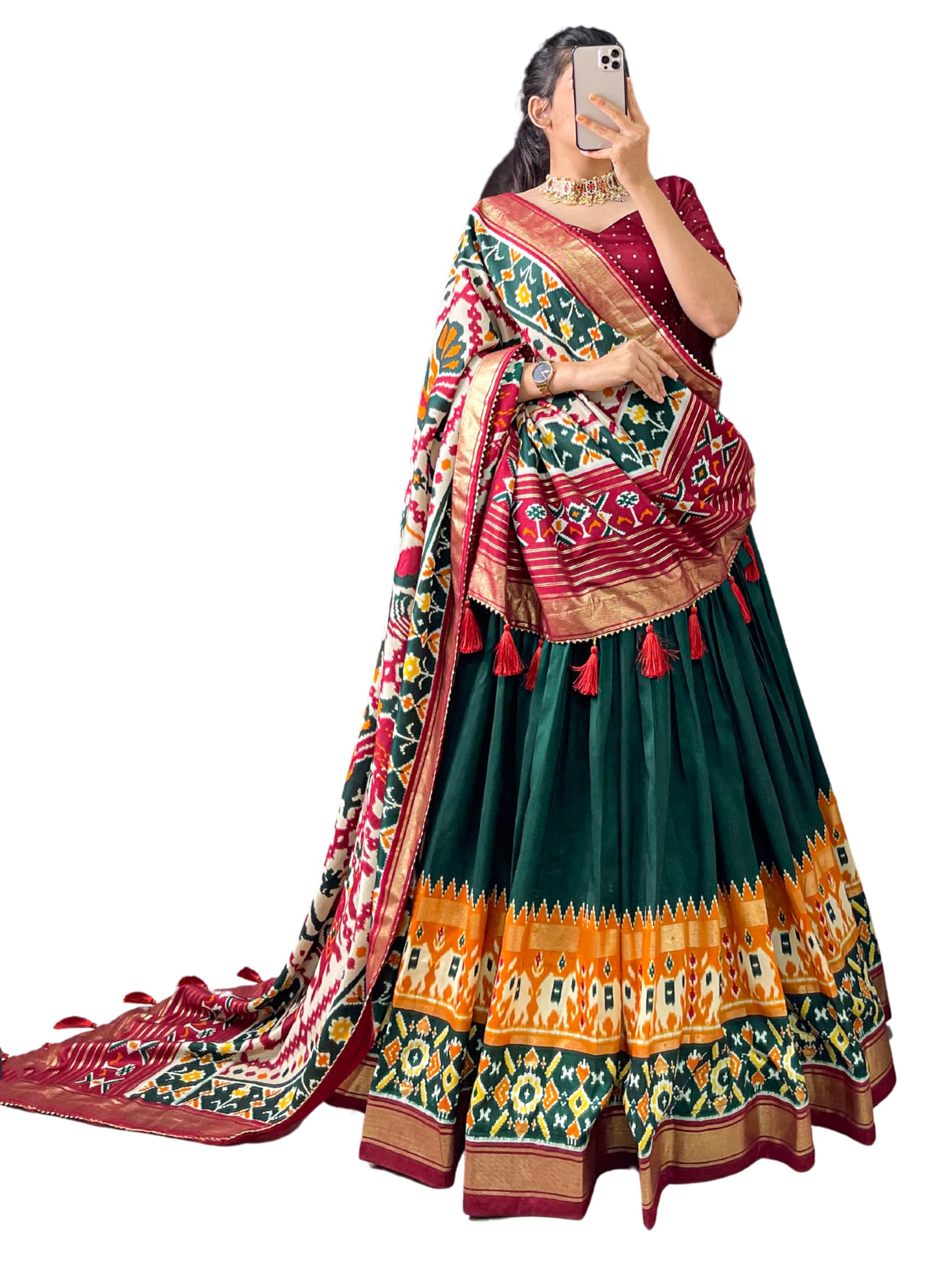 Womens' Wear Tussar Silk With Patola Printed Lehenga Choli Elegant Bandhani Lehenga with Contrasting Flair Bandhani Lehenga Set-image-12