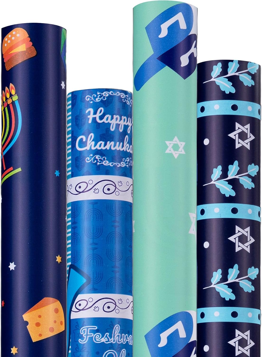 Hanukkah Wrapping Paper (4 Rolls, 93 sq. ft. ttl) Menorahs, Dreidels, Stripe and Star of David Design for Holiday Gift Wrap - Traditional Hanukkah Elements Collection - 17 Inches x 16.5 Feet Per Roll