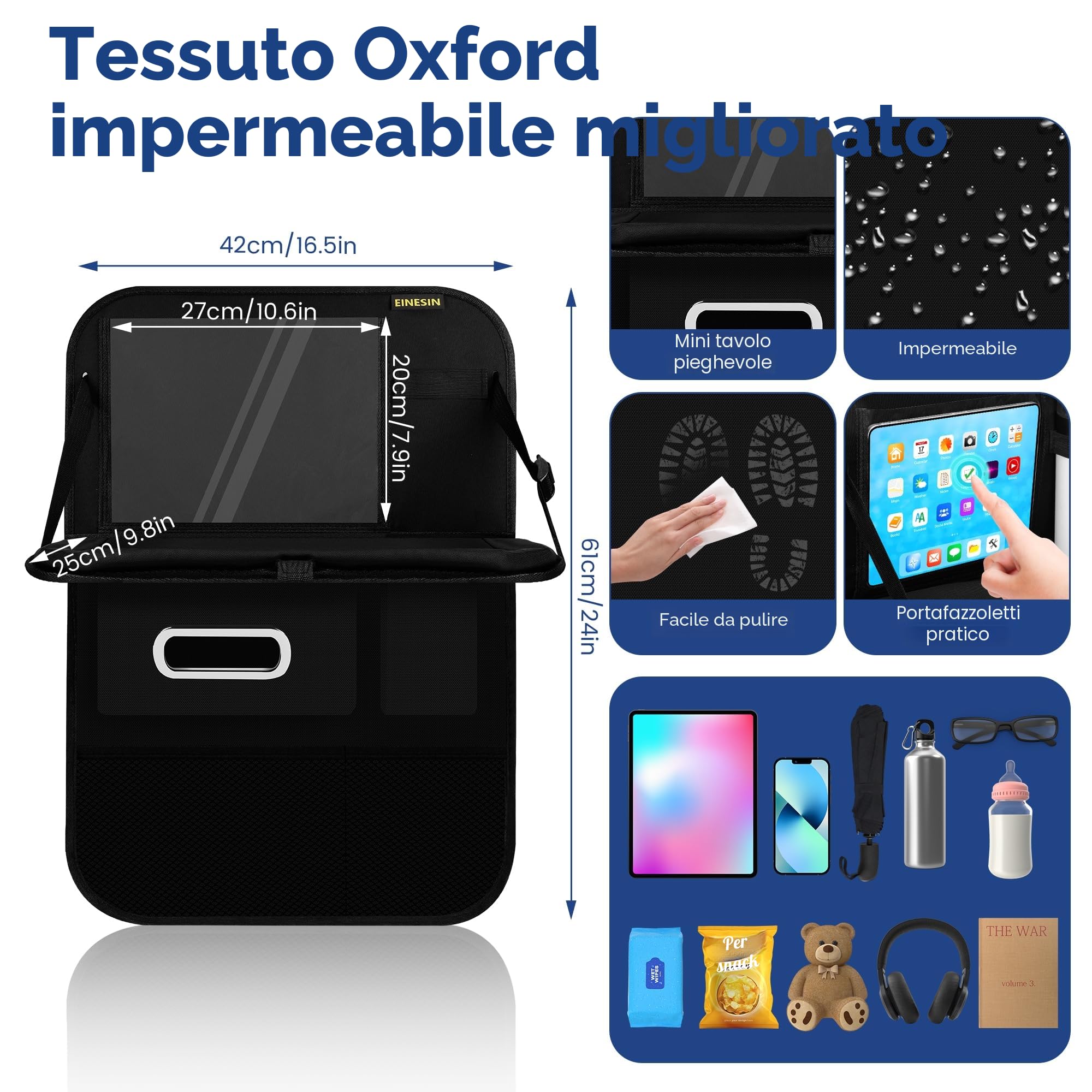 Einesin Proteggi Sedile Auto Bambini Posteriore con Vassoio da Tavolo Pieghevole per tablet bambini, Impermeabile Organizer Sedile Posteriore Auto Tasca Trasparente per Tablet iPad