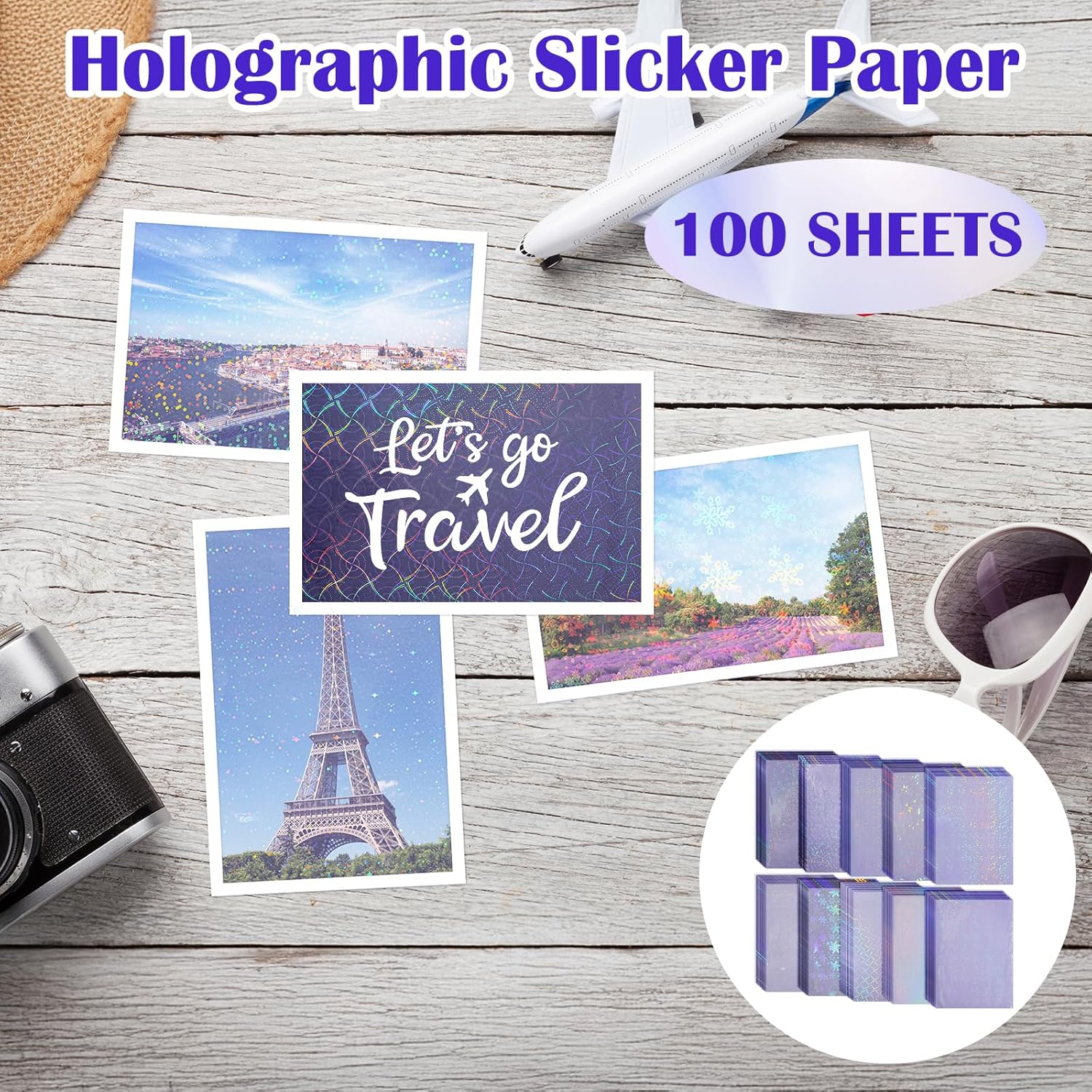 100 Sheets Holographic Sticker Paper, 11.8 X 8.3 Inch Clear Vinyl Lamination Stickers Self-Adhesive Waterproof Glitter Laminate Sheets Transparent Glitter Sticker -10 Styles