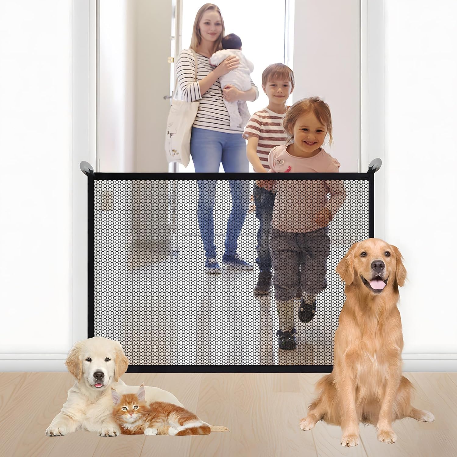 Mesh Dog Gate - Pet Gates for Stairs, Puppy Gate for Doorway Provides A Safe Enclosure for Pets to Play and Rest for The House Indoor(43" W x 28" H)