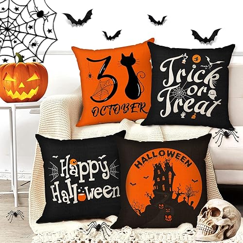 Miniatura 3 de CREATRILL Juego de 4 fundas de almohada de Halloween de 18 x 18 pulgadas, funda de almohada de lino suave con castillo de gato negro, decoración