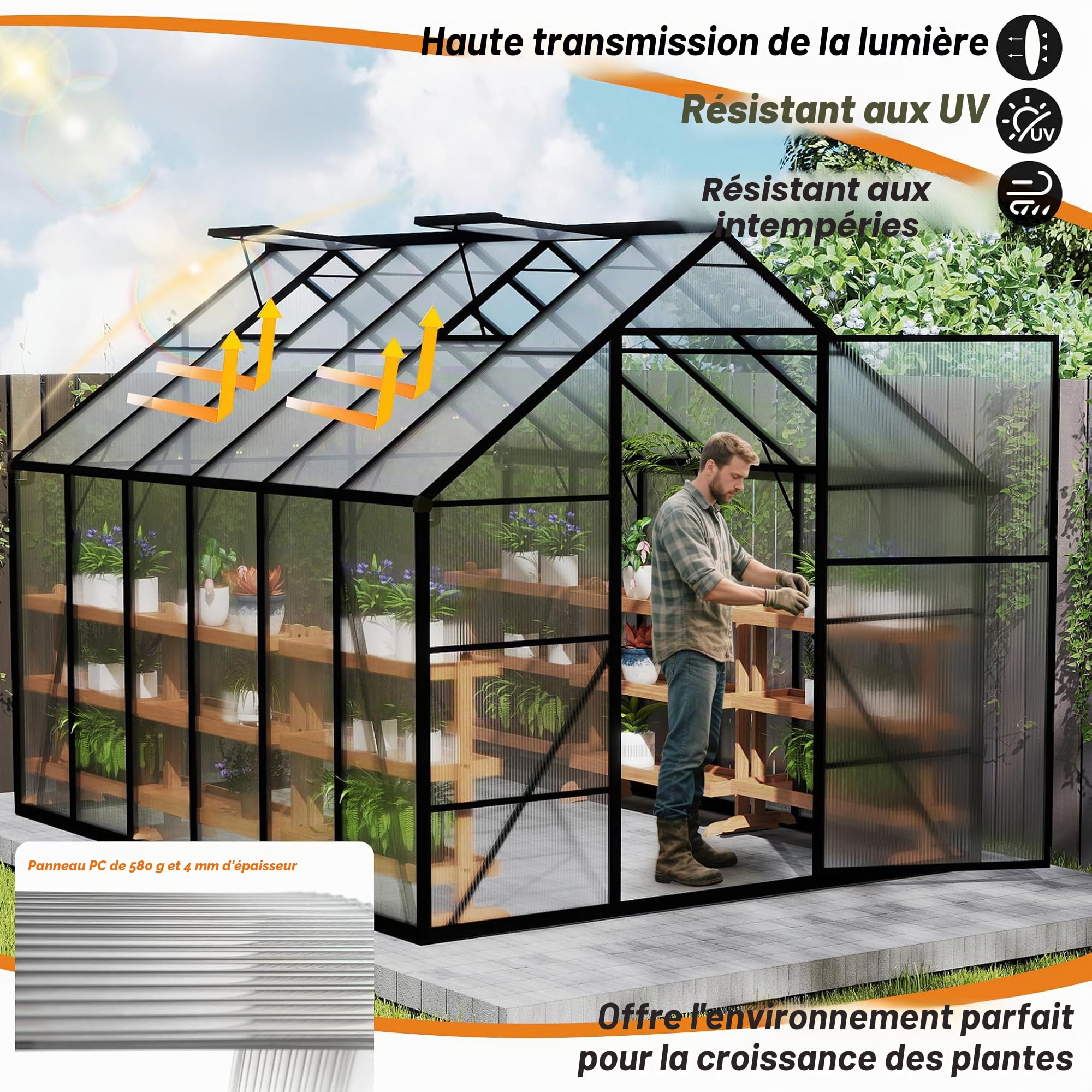 LARS360 Serre de jardin en aluminium avec fondation, plaques à double paroi en polycarbonate de 4 mm, pour jardin, serre à tomates avec fenêtre de toit, maison de plantes résistante aux intempéries