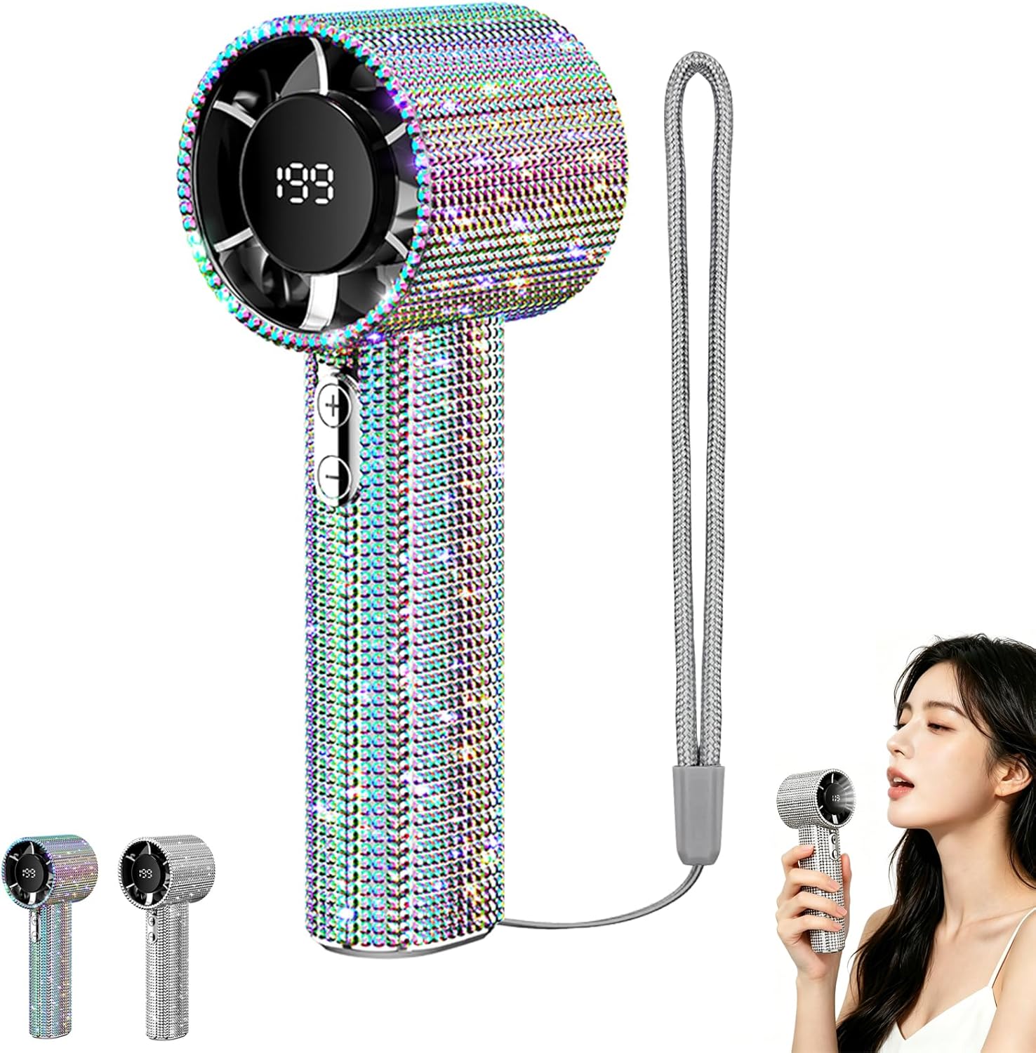 Portable Handheld Fan - Small Pocket Mini Fans, USB Rechargeable, Digital Display, Fashion Rhinestone Handheld Turbo Fan for Travel Outdoor Beach, Gifts for Women Men (Colored)