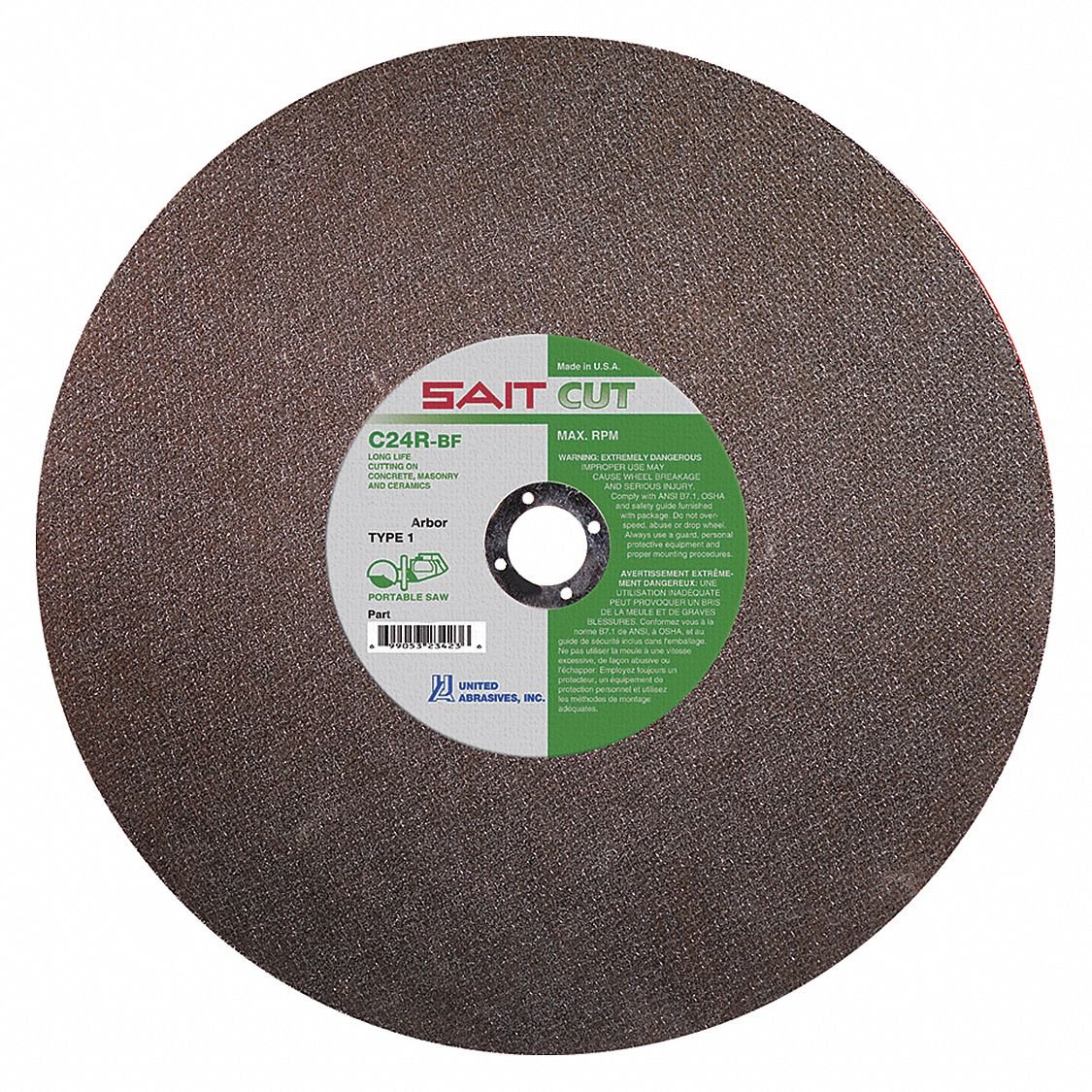 Sait 14" Type 1 Silicon Carbide Abrasive CutOff Wheel, 1" Arbor, 0.125