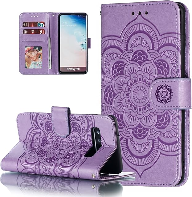 EYZUTAK Case for Samsung Galaxy S10 Plus, Premium Flip Wallet Phone Case PU Leather Mandala Embossed Design Shockproof Cover with Kickstand Card Holder Protective Case - Purple