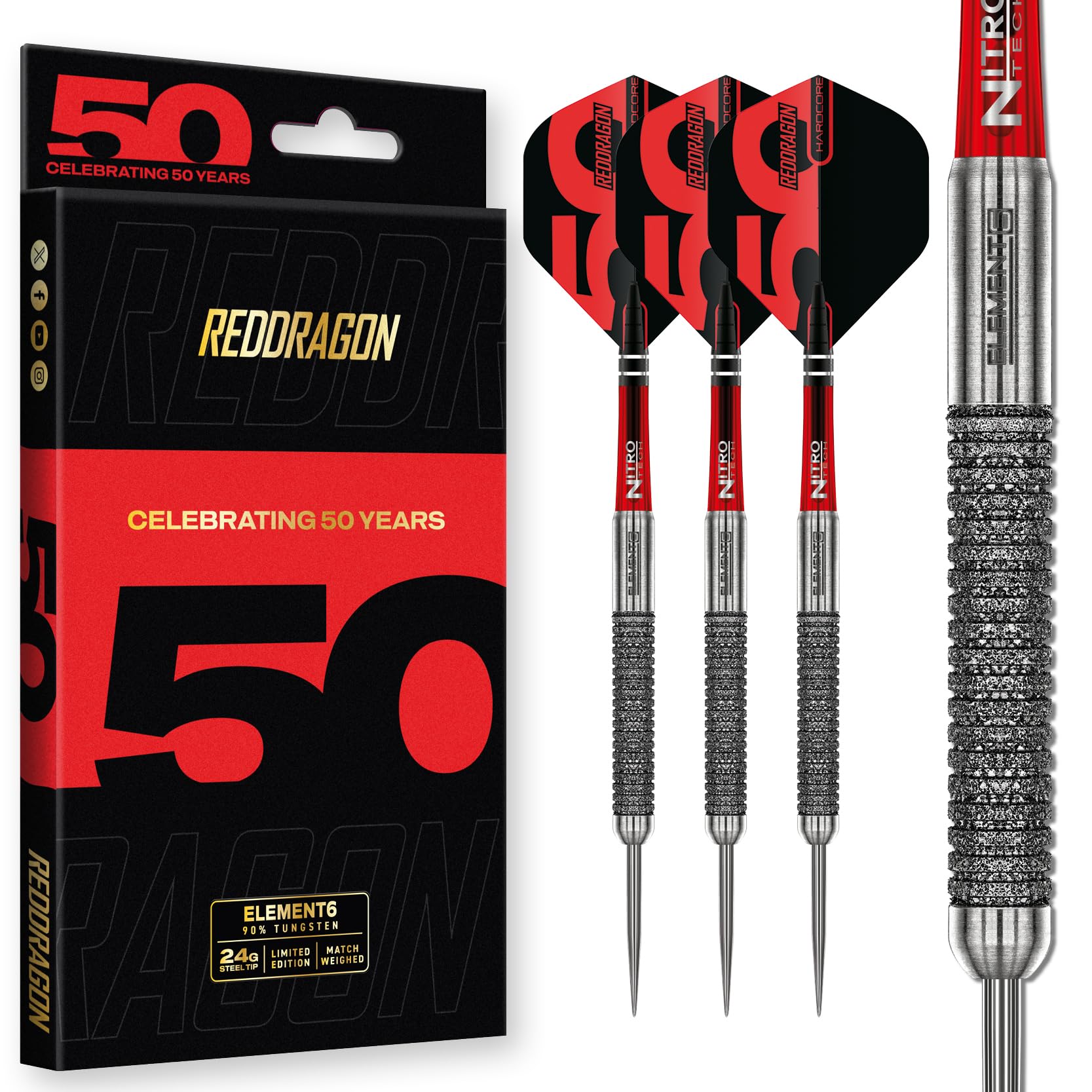 RED DRAGON DARTS - 50 Year Classics Collection - Element6-24g - 90% Tungsten Darts set - Professional Steel Tip Set - Includes Dart Flights & Dart Stems (Shafts)