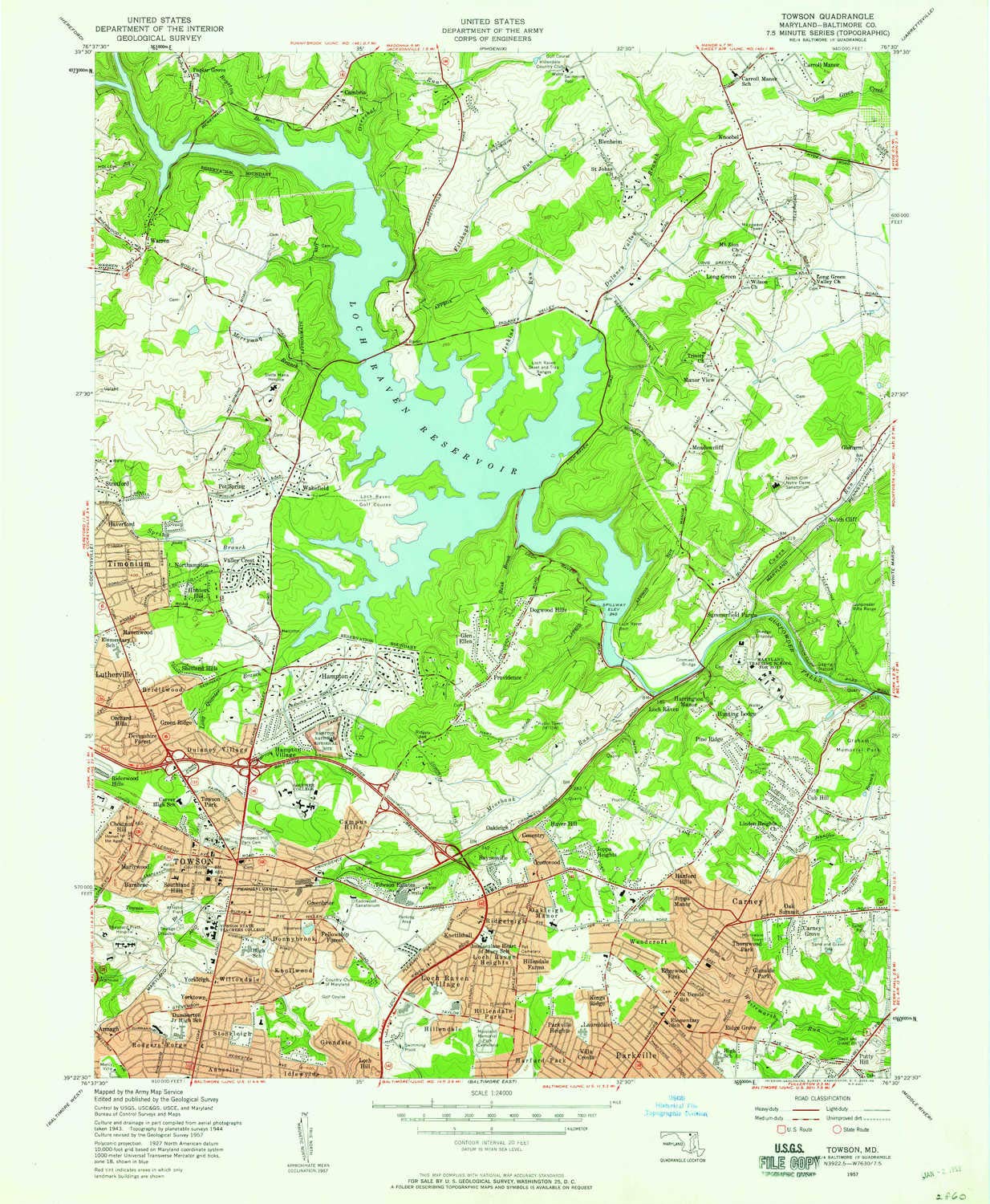 YellowMaps Towson MD topo map, 1:24000 Scale, 7.5 X 7.5 Minute, Historical, 1957, Updated 1958, 26.7 x 22 in - Tyvek