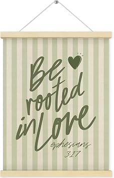 QEJ Sage Green Christian Wall Art Decor, Be Rooted in Love Bible Verse Canvas Poster Hanger Frame, Preppy Green Striped Religious Wall Decorations for Bedroom Home Decor, 12x16 Inch