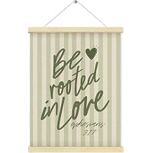 QEJ Sage Green Christian Wall Art Decor, Be Rooted in Love Bible Verse Canvas Poster Hanger Frame, Preppy Green Striped Religious Wall Decorations for Bedroom Home Decor, 12x16 Inch