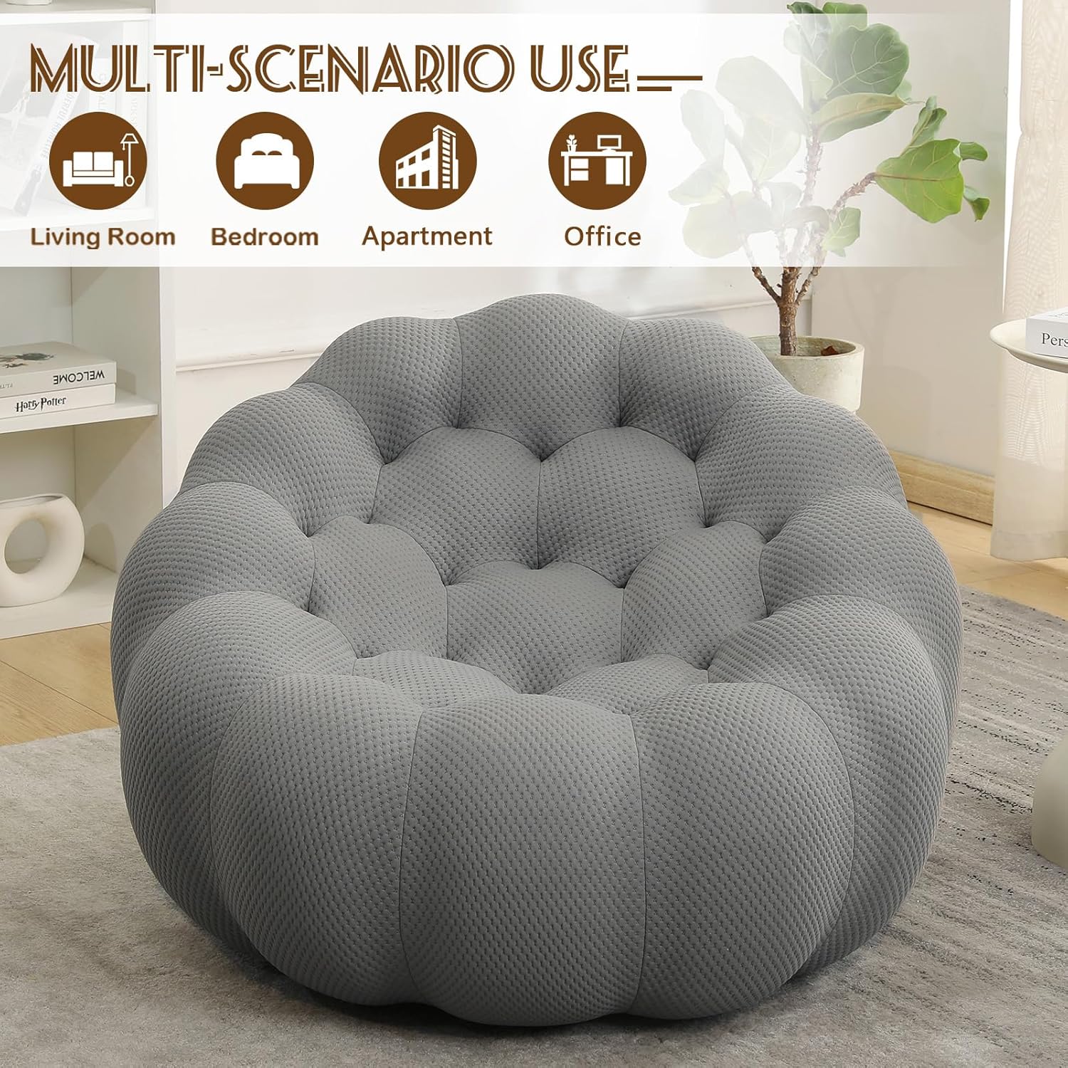 Bean Bag Chairs for Adults/Teens, Reading Corner Chair, Orange Beanbag Chair for Bedroom Living Room, Small Comfy Chairs for Living Room Small Space, No Assembly Required (Grey)