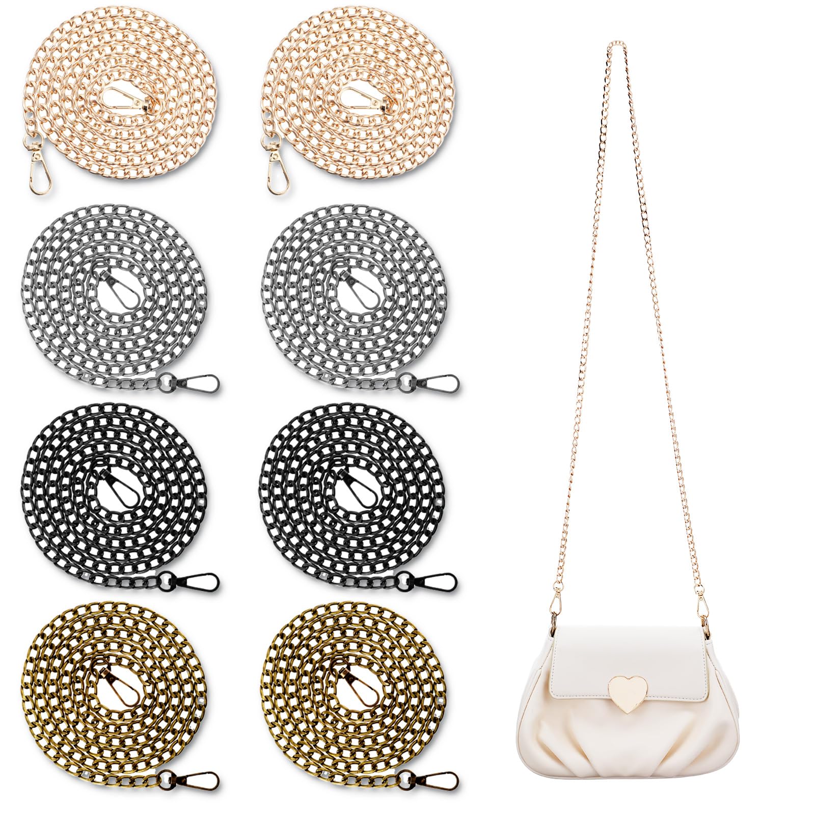 Tobeelec 8 Pcs 47 Inch Purse Chain Replacement, Stainless Steel, Gold, Solid, Regular, Unisex, Purse Making Supplies, Body Strap