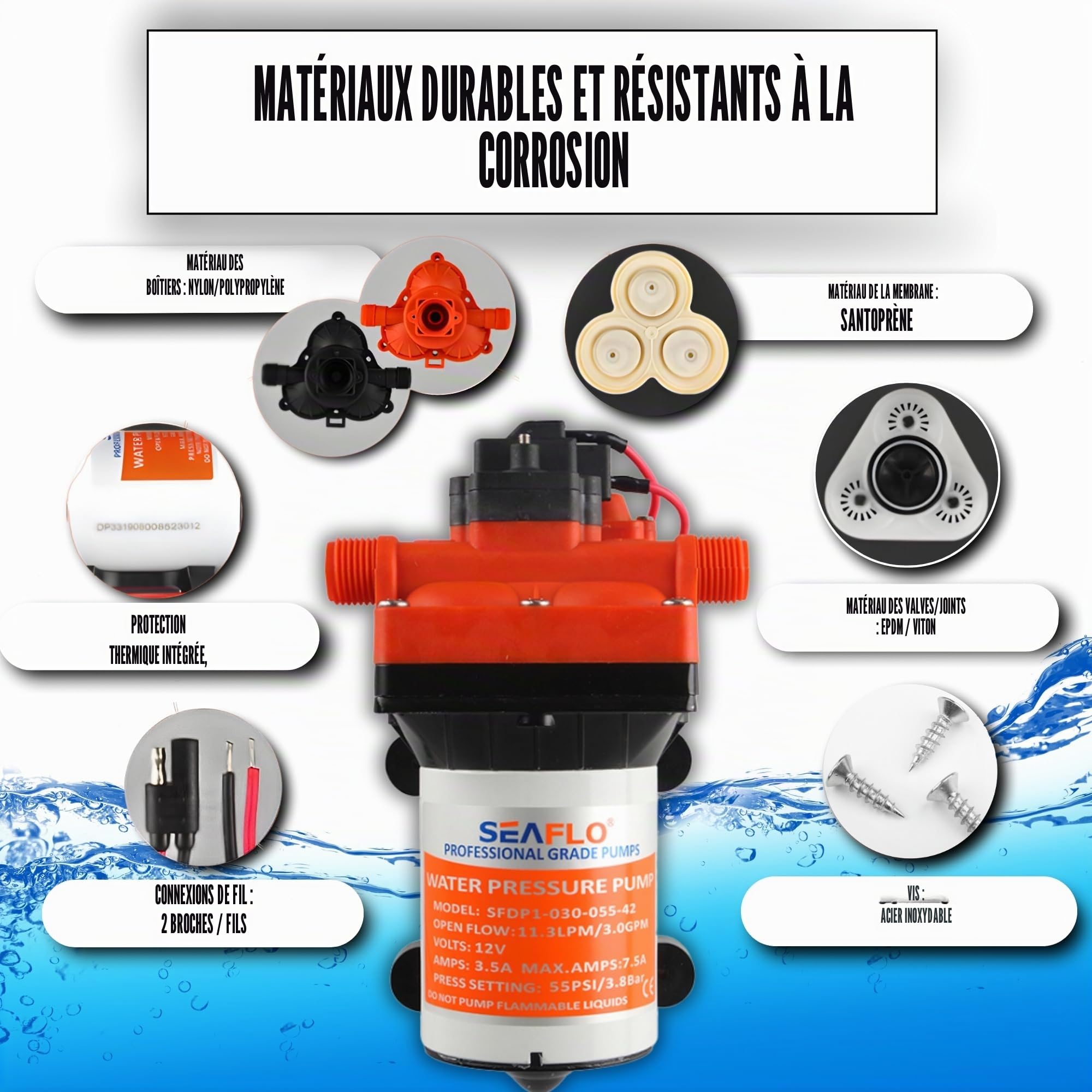 Seaflo Pompe à membrane série 42 avec dérivation pour vélo réduit 12 V/24 V 3,0 GPM 55 PSI (12 V)