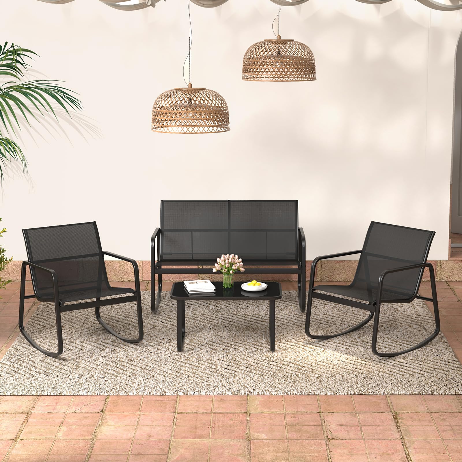 KOMFOTTEU Set da Bistrò in Tessuto Textilene, Set da Giardino in 4 Pezzi, Tavolo Portato 50 kg, 2 Sedie a Dondolo Portate 150 kg, e Divanetto Portato 300 kg, Set Tavolo e Sedie da Esterno (Nero)