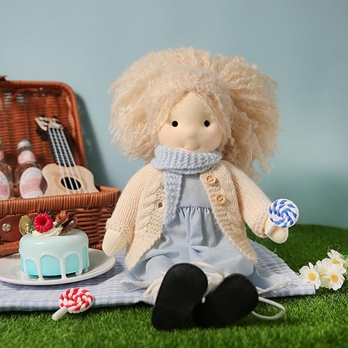 Miniatura 3 de BlissfulPixie Muñeca Waldorf hecha a mano, Florke de 12 pulgadas, muñeca de trapo suave con bonito peluche, ideal para bebés y niños pequeños