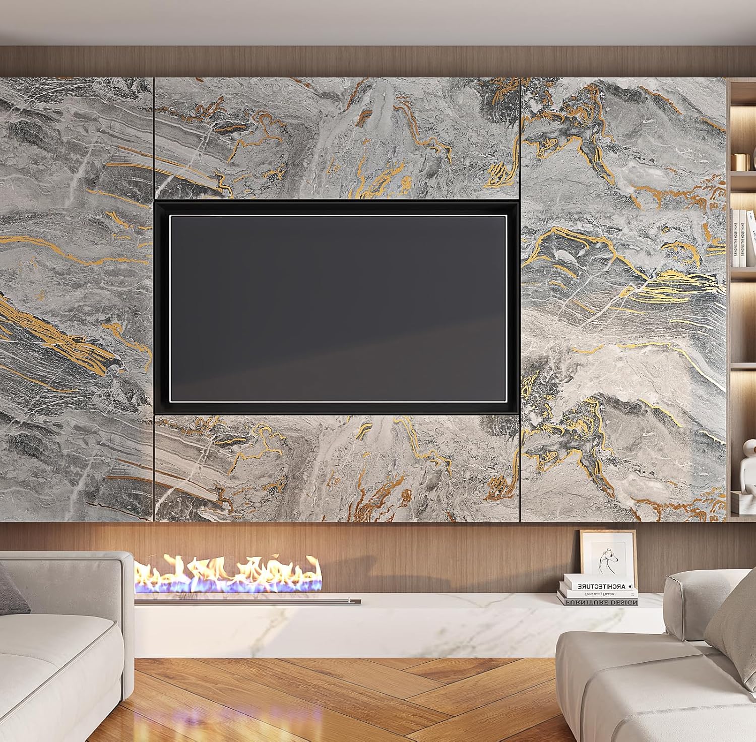 FunStick Thick Grey Marble Contact Paper for Countertops Cabinets Waterproof Gold Grey Marble Wallpaper Peel and Stick Countertops for Kitchen Bathroom Removable Marble Wall Paper for Desk 12"x200"