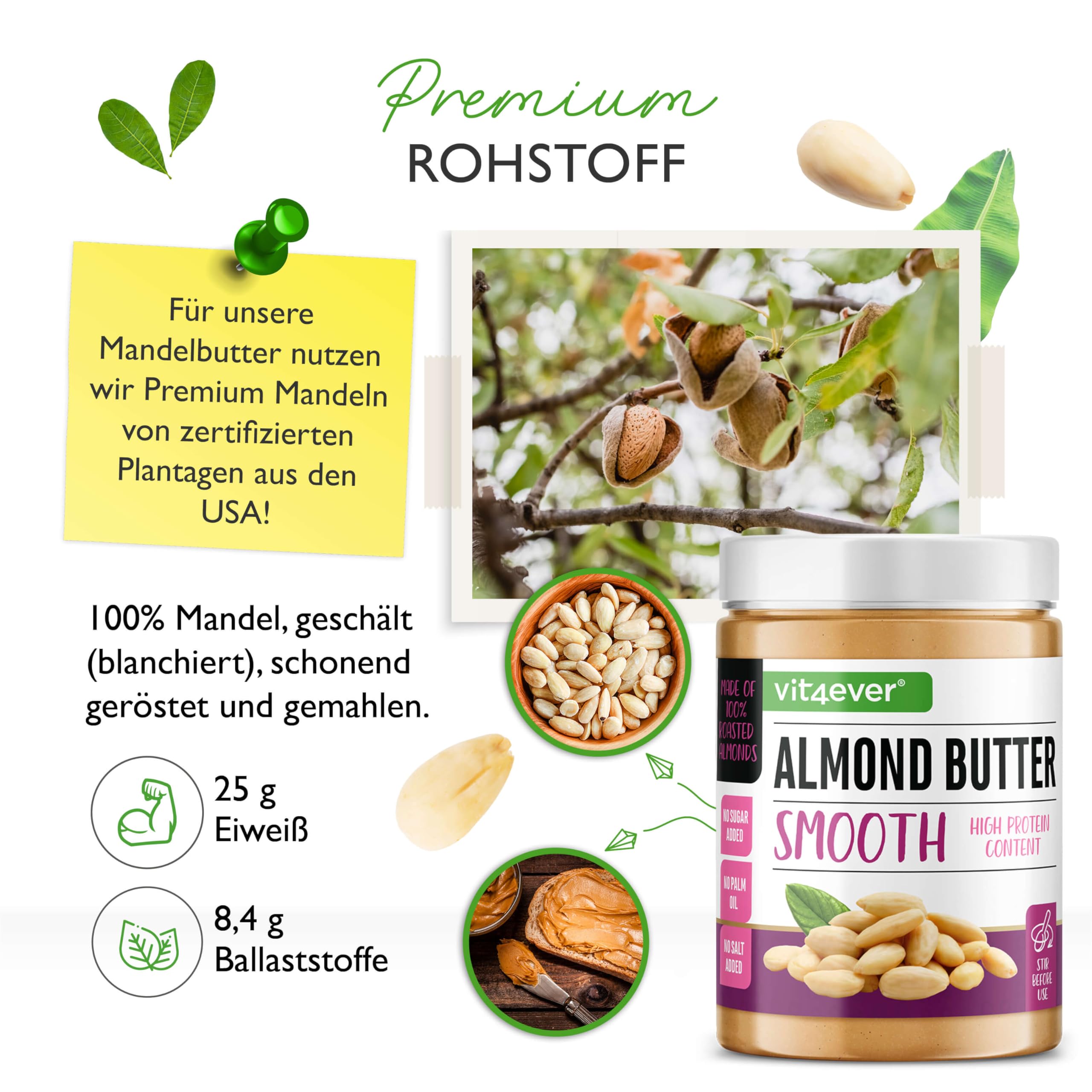 Mandelbutter Smooth - 1kg natürliche Mandel Butter ohne Zusätze aus 100% blanchierten Mandeln - High Protein - Cremiges Mandelmus ohne Zusätze von Salz, Öl oder Palmfett - Vegan | 25 % Protein, cremiges Mandelmus, ohne Salz, Öl & Palmöl, vegan & ohne Zusä