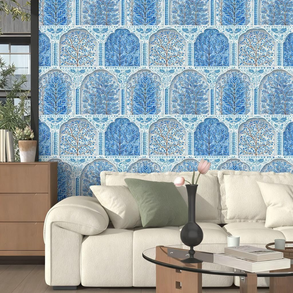 Vintage Blue Mural Peel and Stick Wallpaper, Ornate Arch & Tree Pattern Wallpaper (Blue and White Porcelain Style) for Home Decor | 17.7" x 236", Self-Adhesive, Waterproof Vinyl