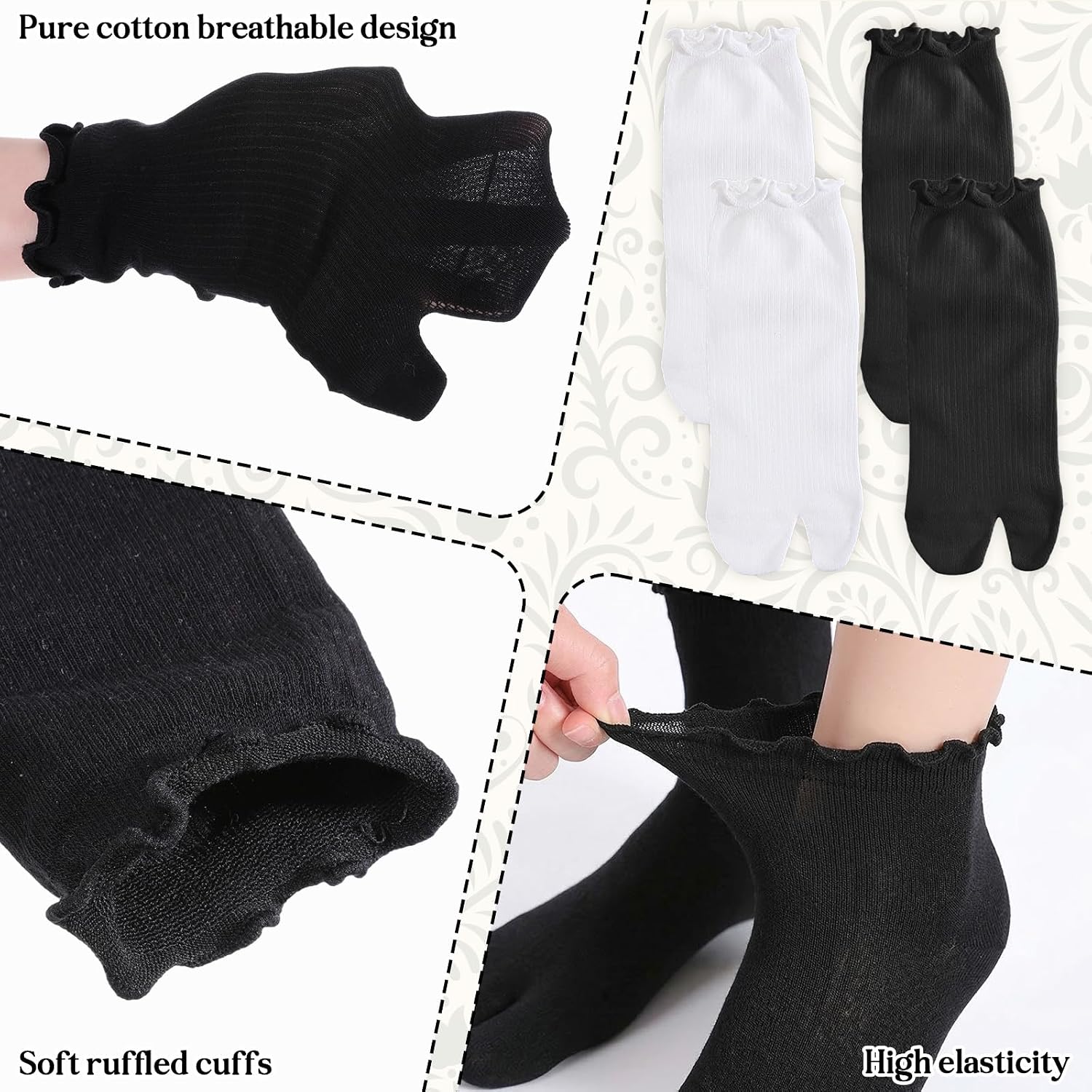 Tabi Split Toe Socks for Women, 4 Pairs Cotton Ruffle | soft & breathable.Ruffle ankle design,cute & trendy.For sandals,flip flops,casual wear.One size fits most women & teen girls